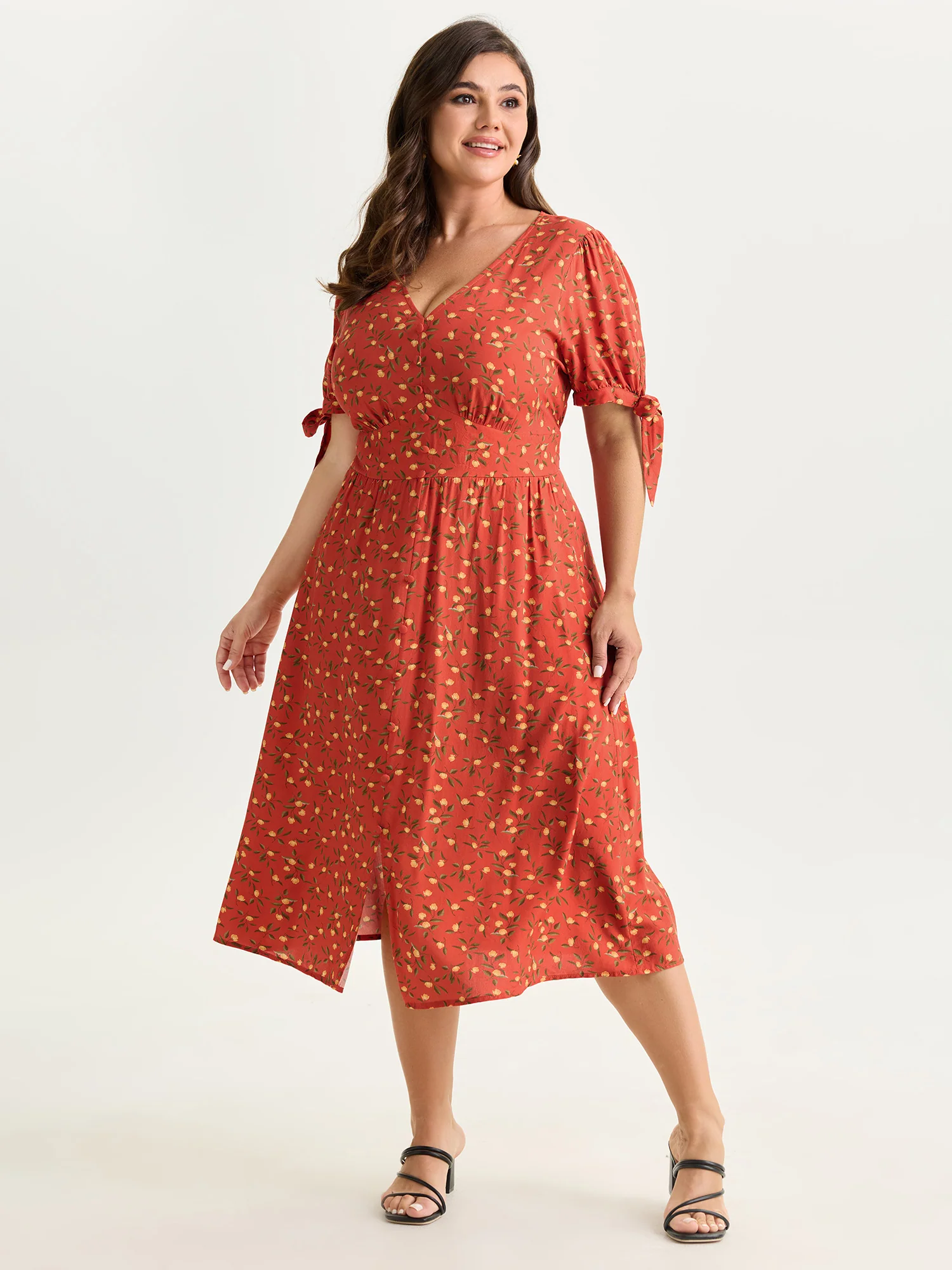 Micro Floral Print Sleeve Tie Midi Dress - Image 3