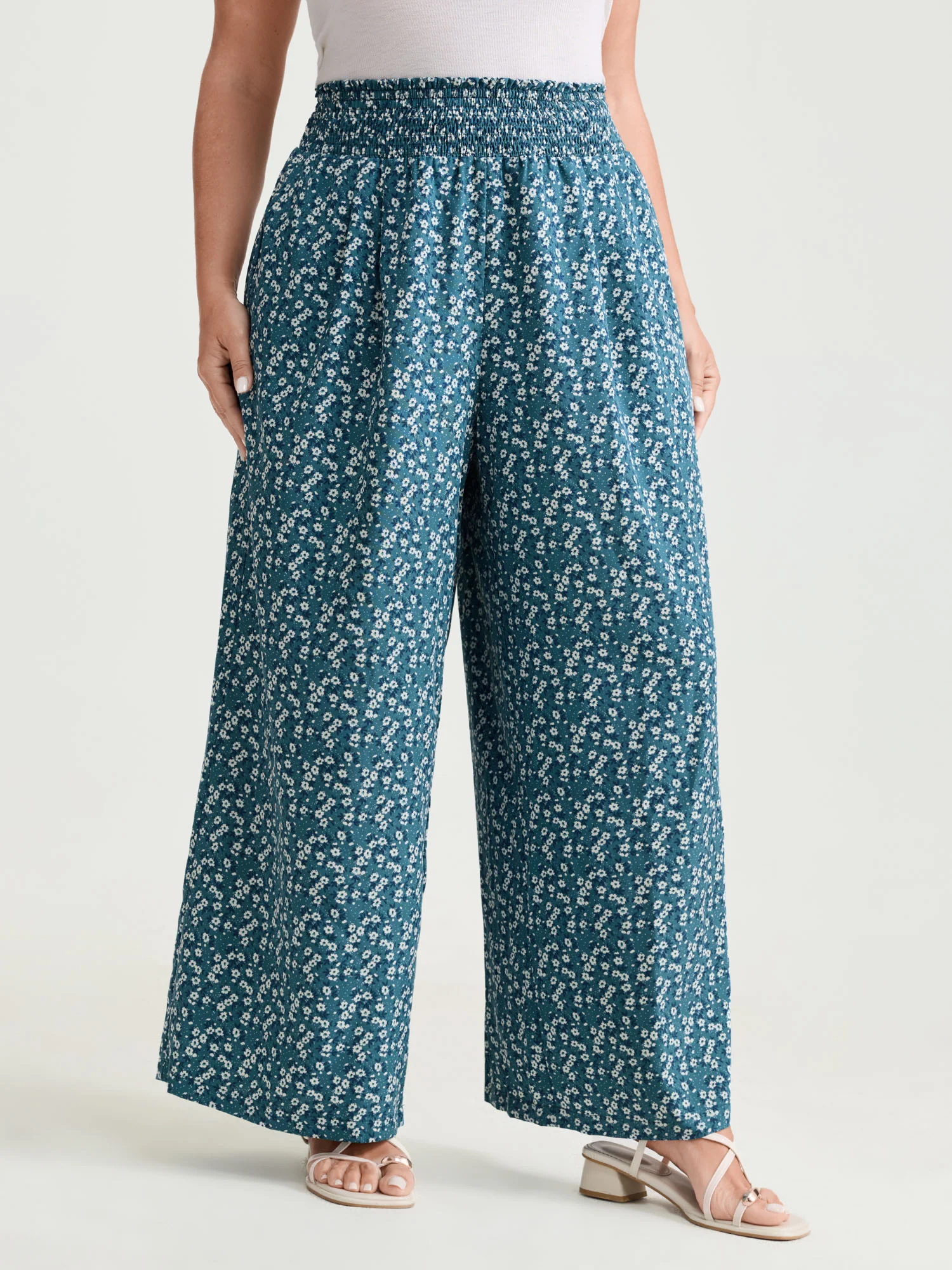 Micro Floral Print Wide Shirred Waistband Pants - Image 2