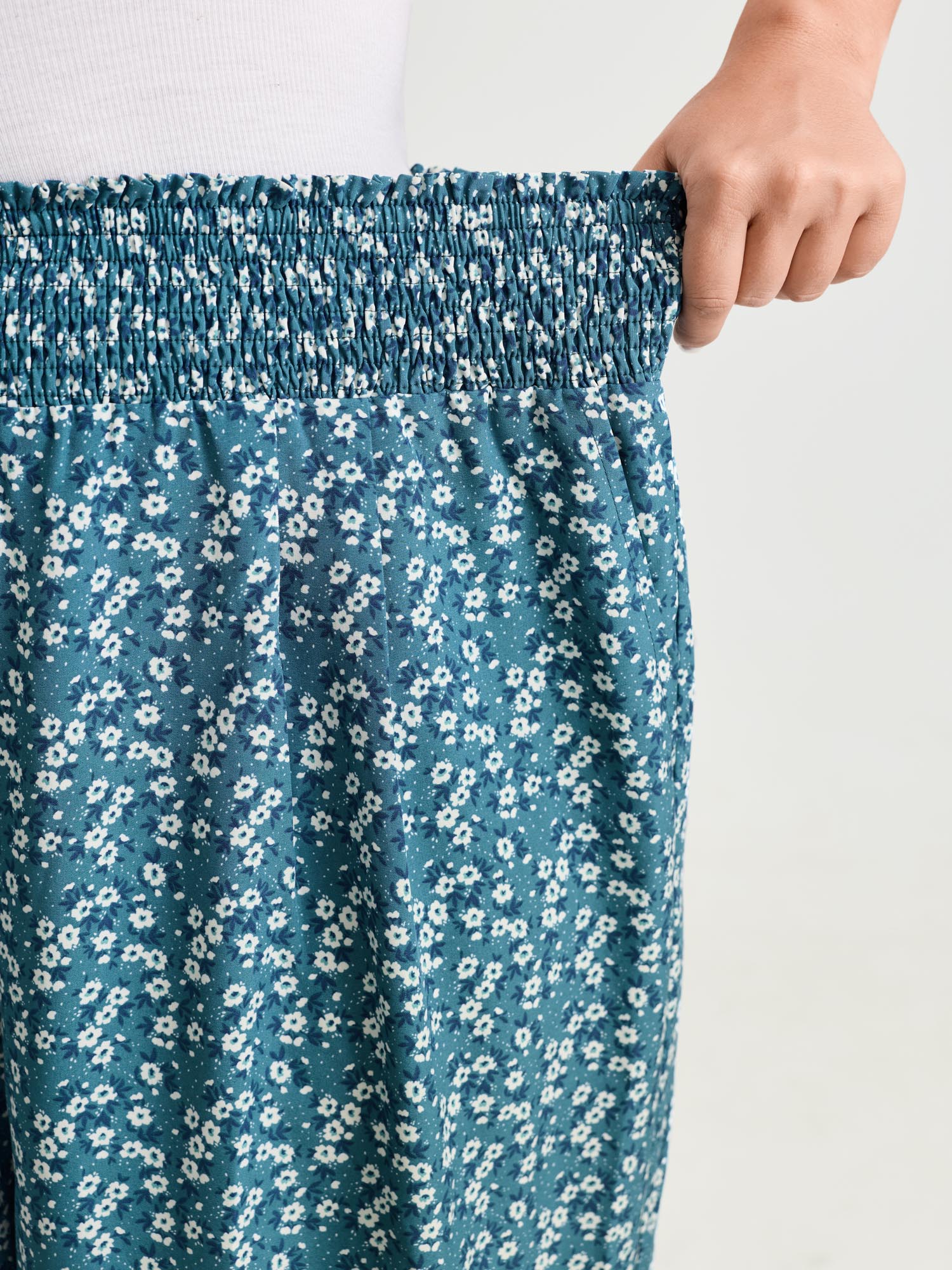 Micro Floral Print Wide Shirred Waistband Pants - Image 4