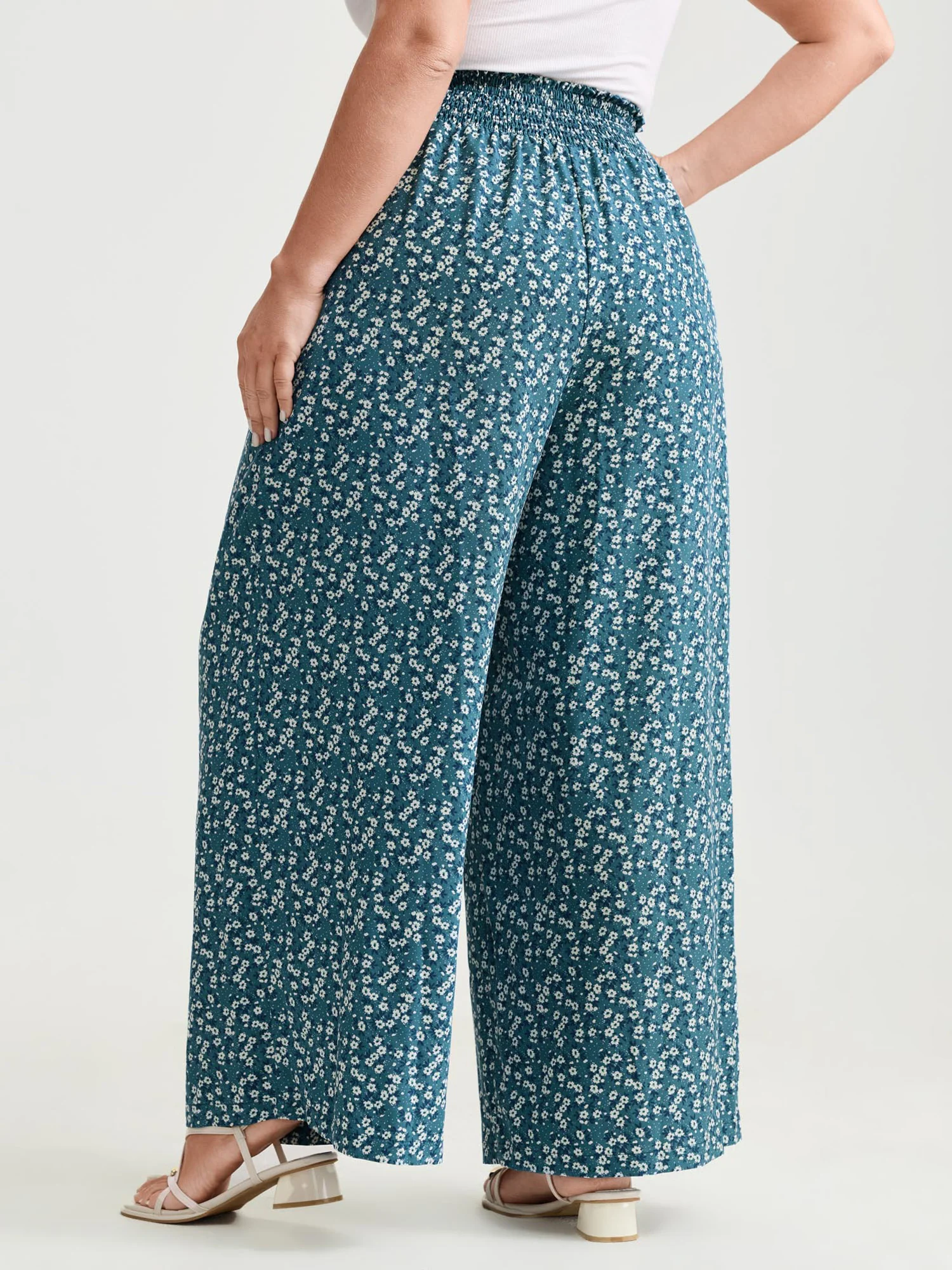 Micro Floral Print Wide Shirred Waistband Pants - Image 5