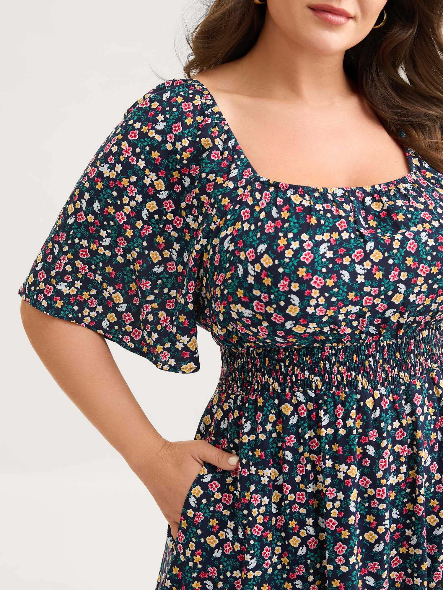 Micro Floral Shirred Asymmetrical Midi Dress - Image 2