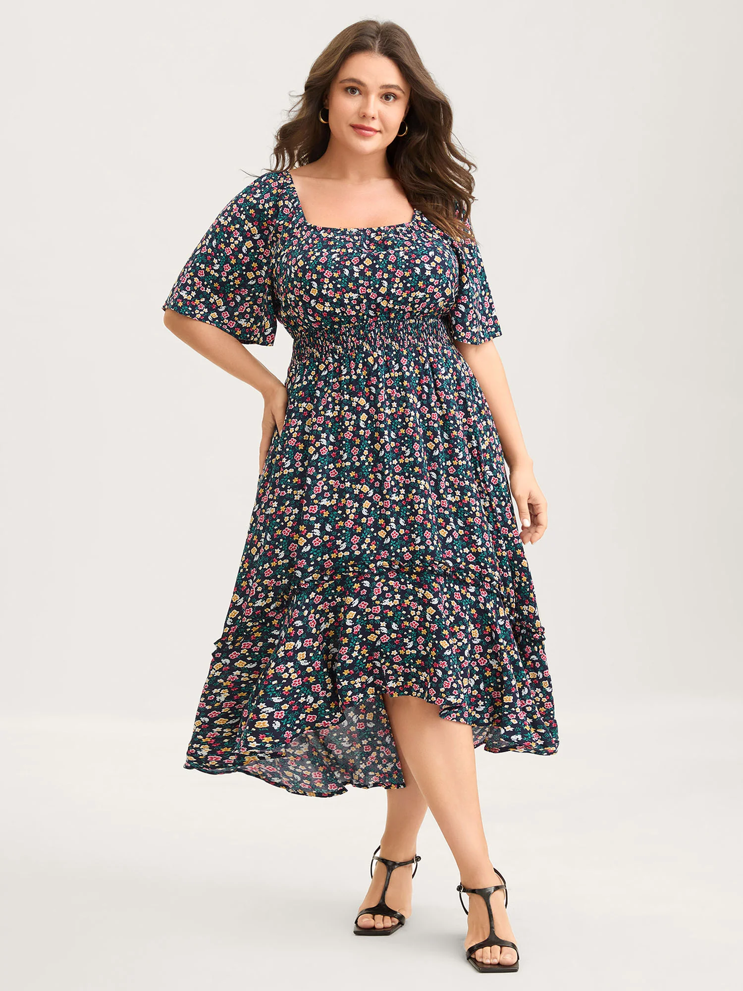 Micro Floral Shirred Asymmetrical Midi Dress - Image 3