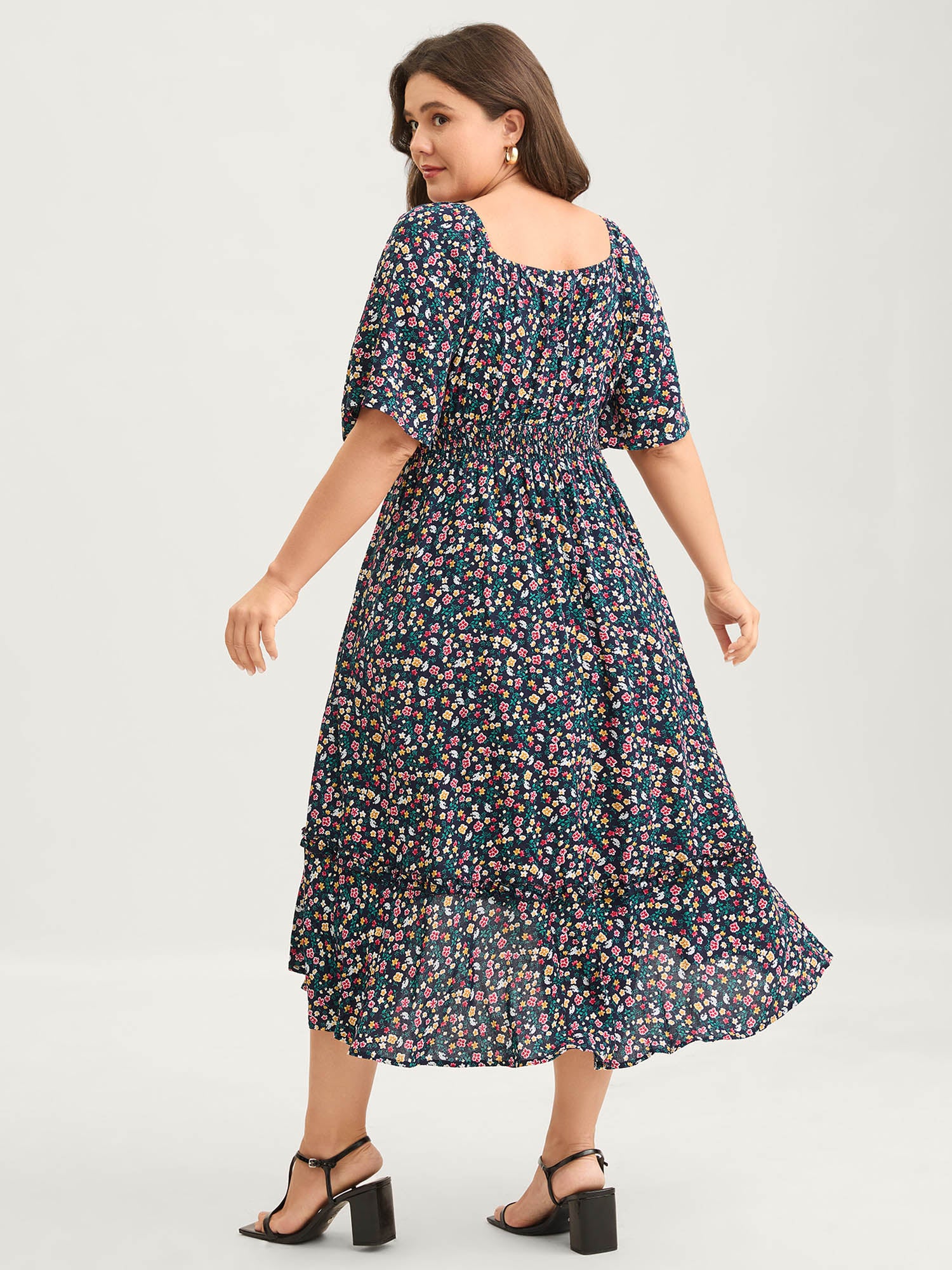 Micro Floral Shirred Asymmetrical Midi Dress - Image 4