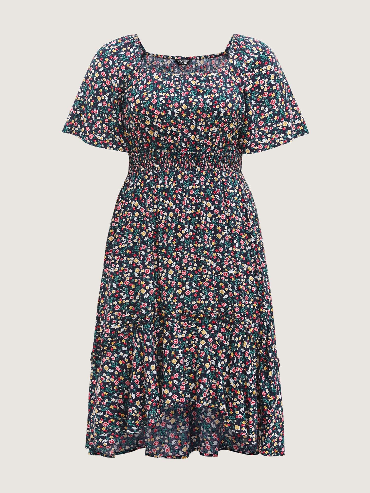 Micro Floral Shirred Asymmetrical Midi Dress - Image 7