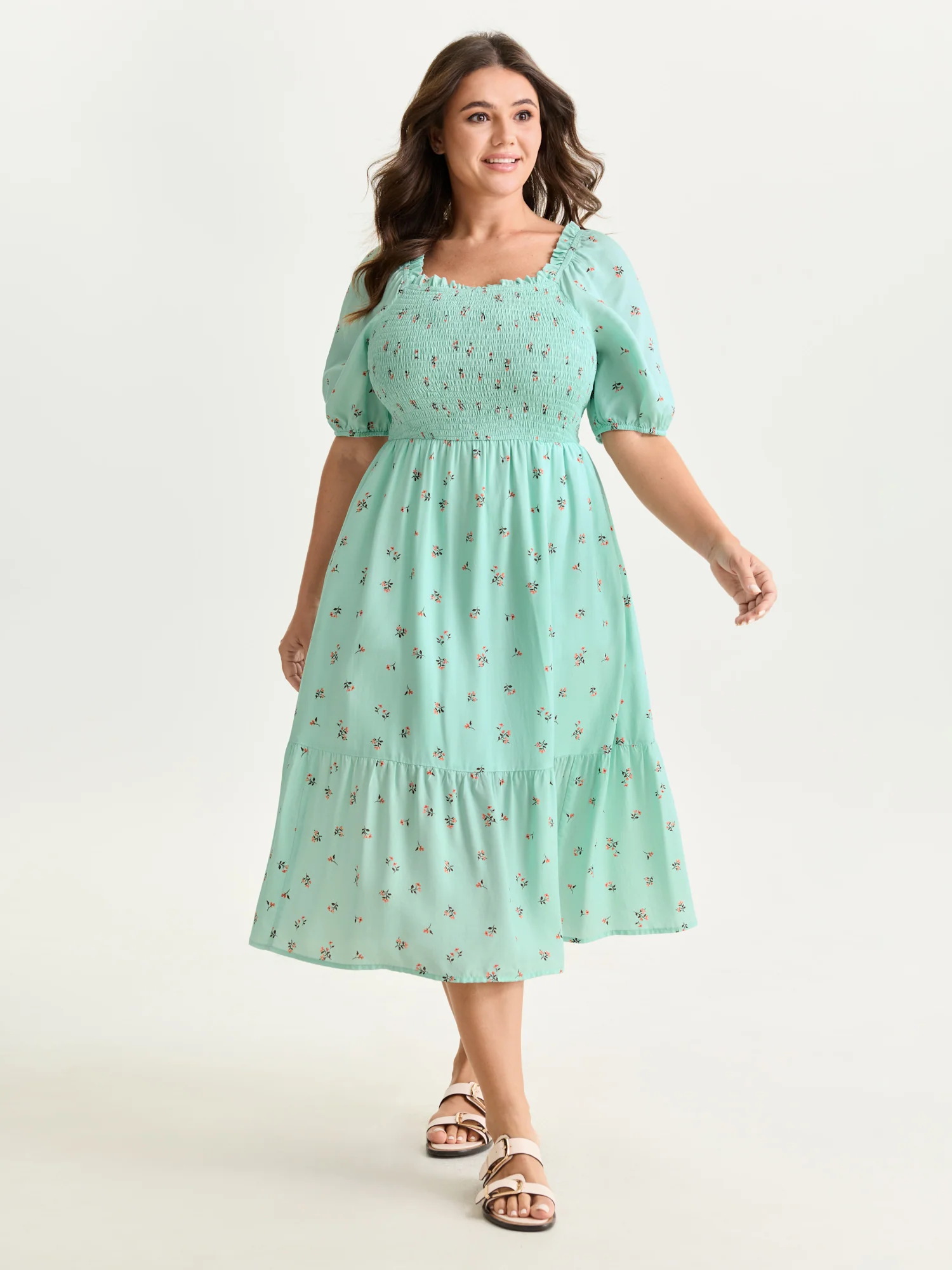 Micro Floral Shirred Bodice Midi Dress - Image 11