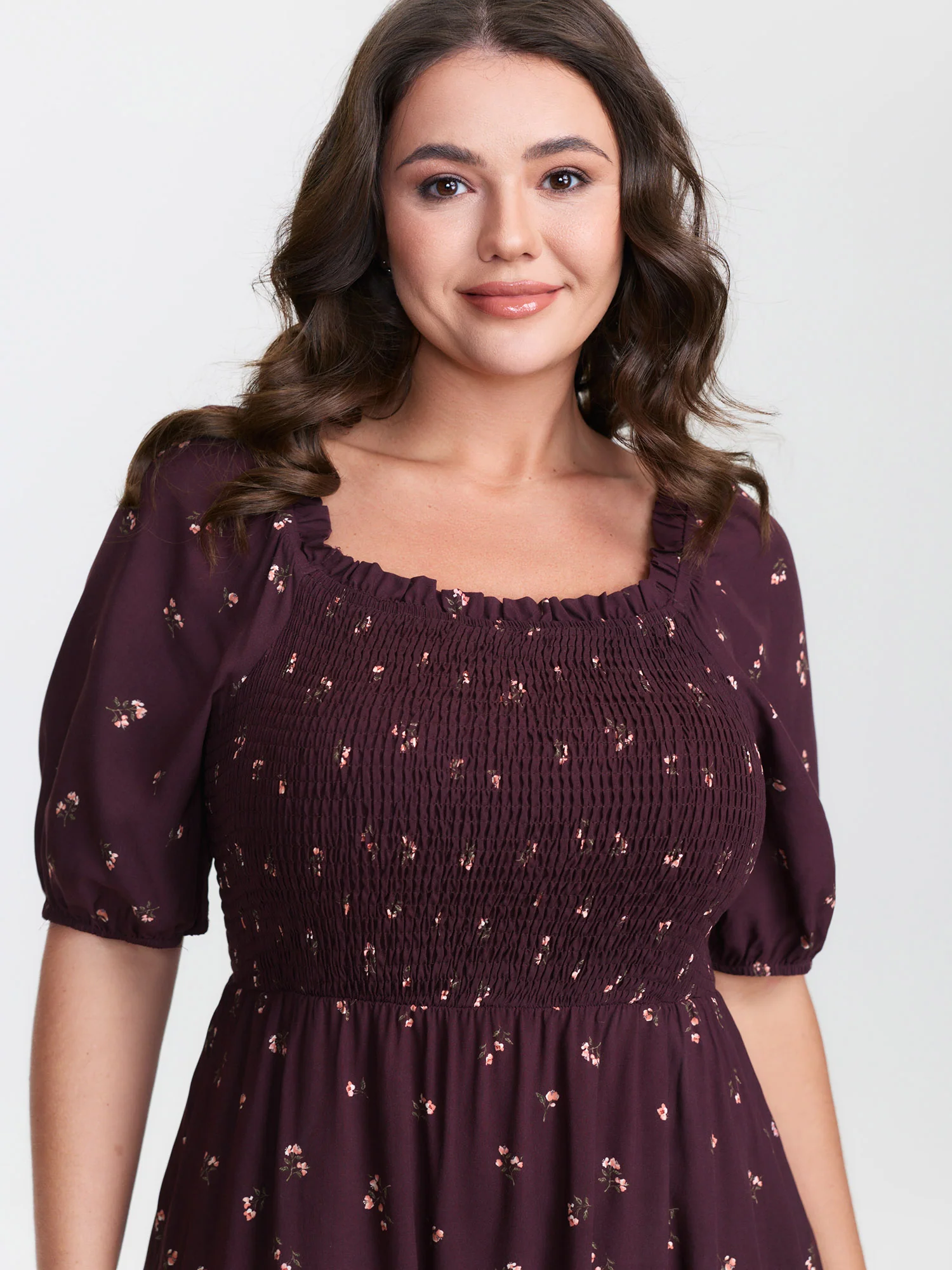 Micro Floral Shirred Bodice Midi Dress - Image 2