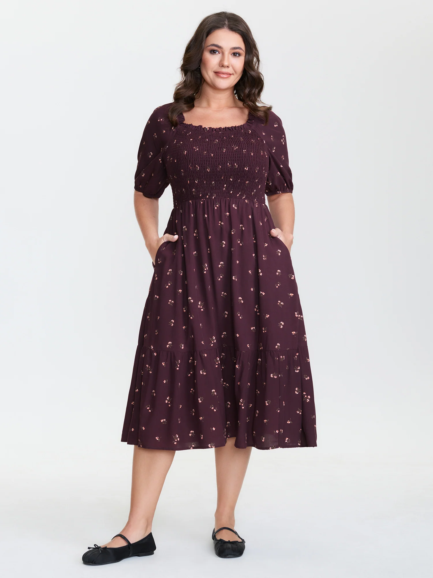 Micro Floral Shirred Bodice Midi Dress - Image 3