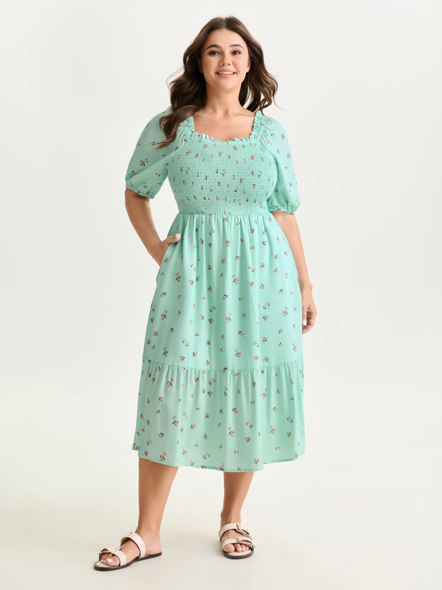 Micro Floral Shirred Bodice Midi Dress - Image 9
