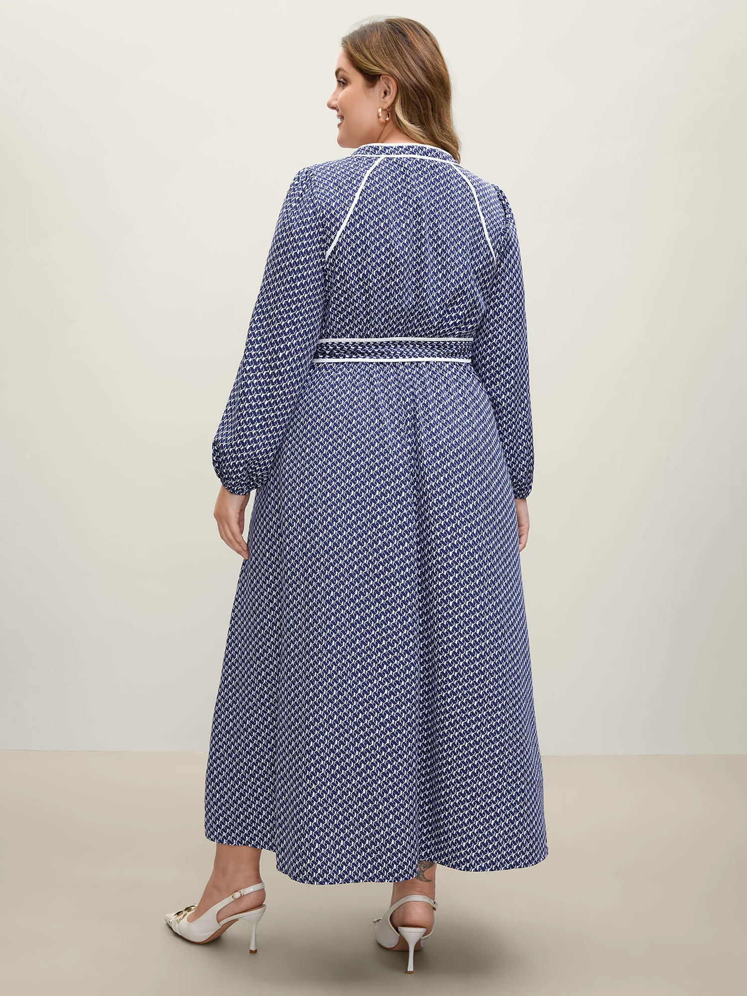 Micro Geometric Print Waist-Tie Maxi Dress - Image 4