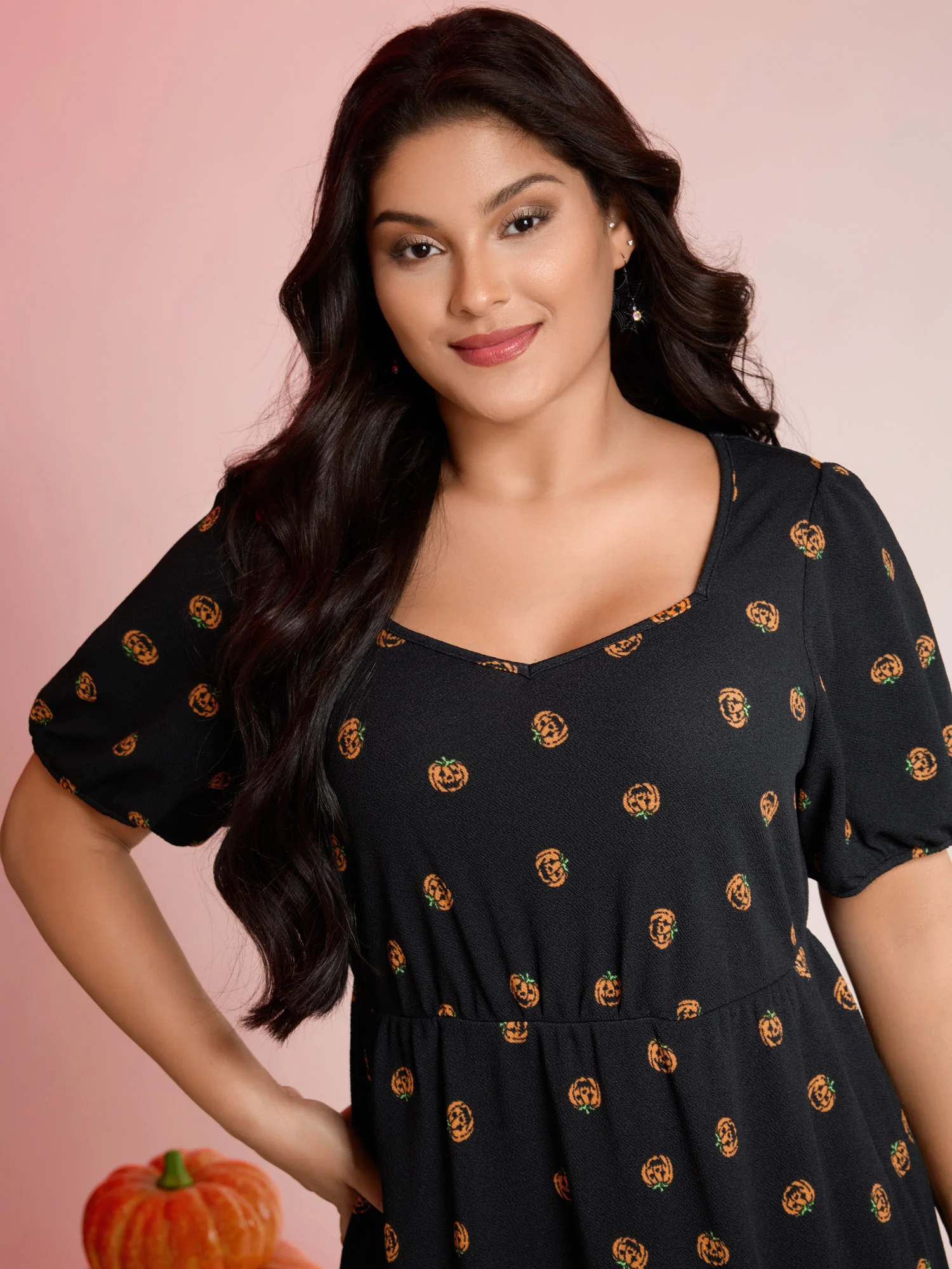 Micro Pumpkin Print Stretchy Midi Dress - Image 2