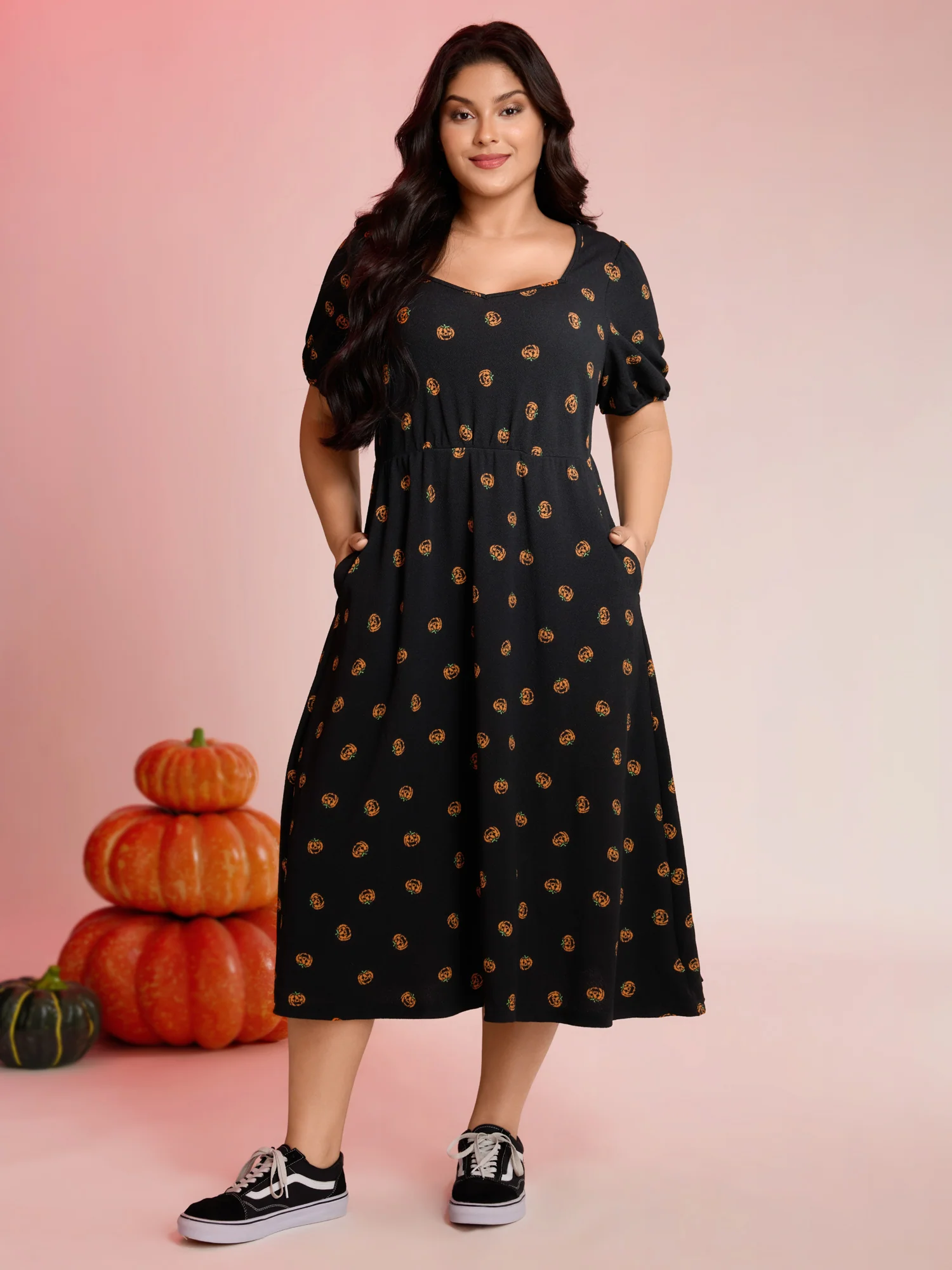 Micro Pumpkin Print Stretchy Midi Dress - Image 3