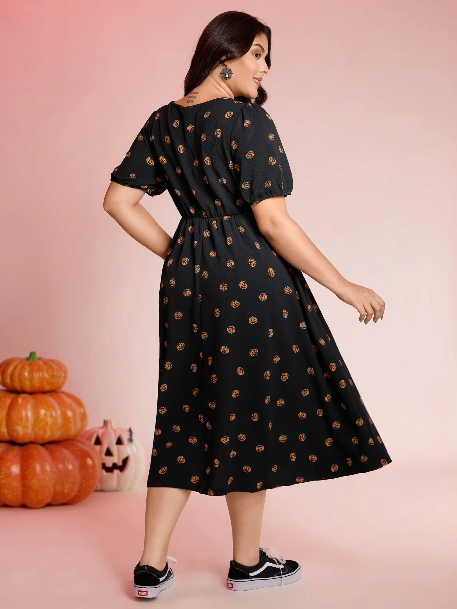 Micro Pumpkin Print Stretchy Midi Dress - Image 4