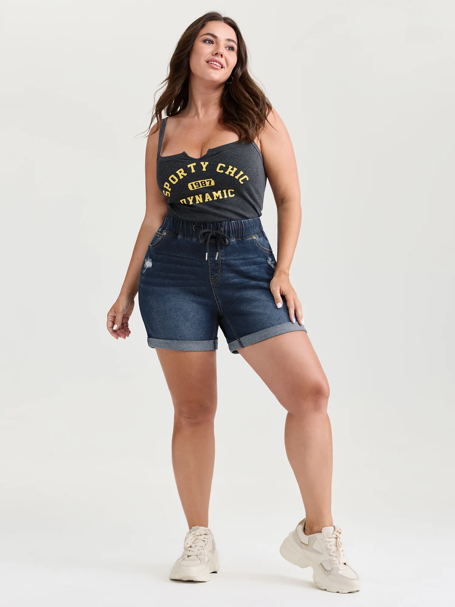 Mid-Rise Drawstring Elastic Waist Denim Shorts - Image 2