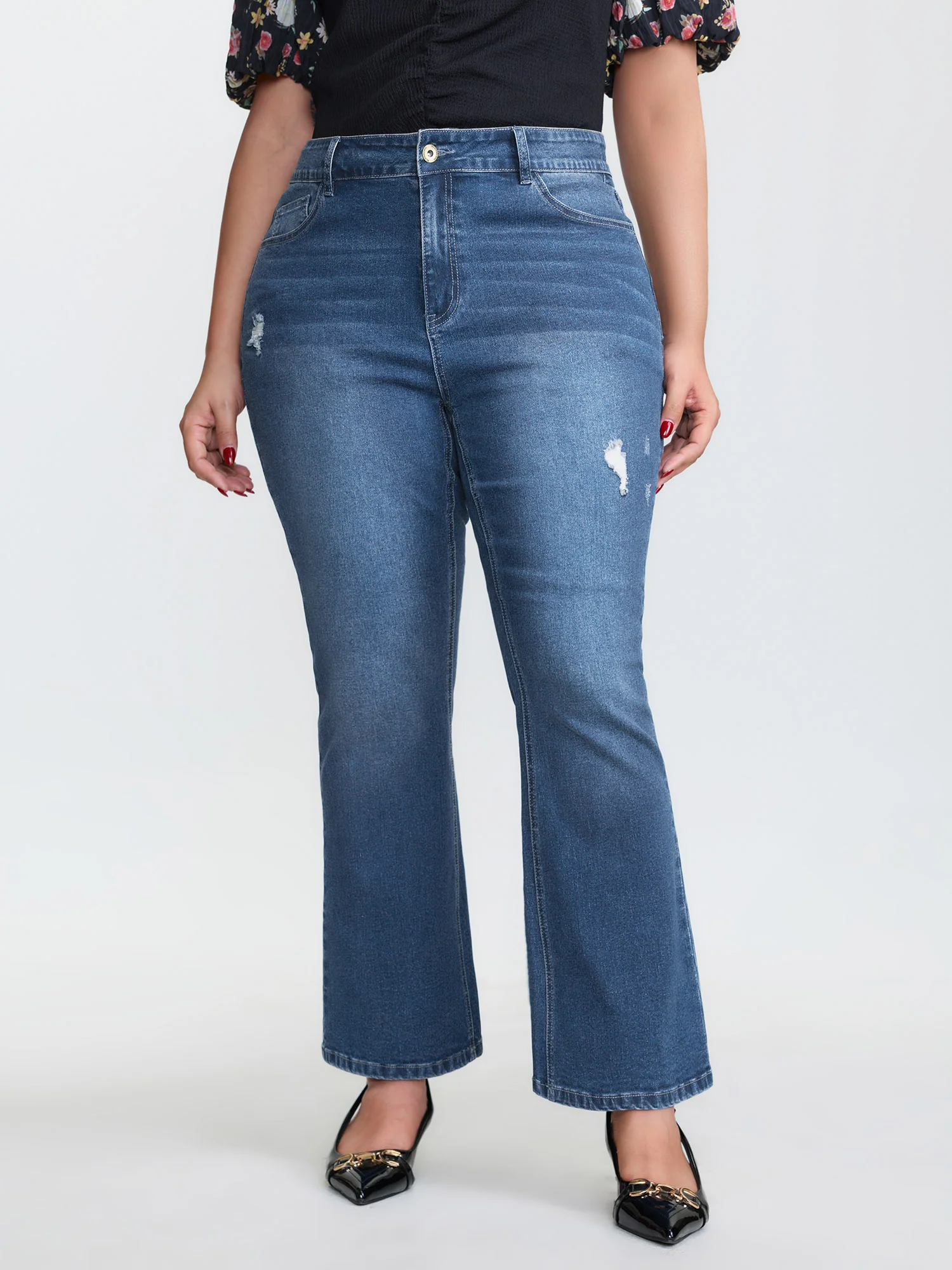 Thigh-Friendly Washed And Distressed Flare Jeans - Image 2