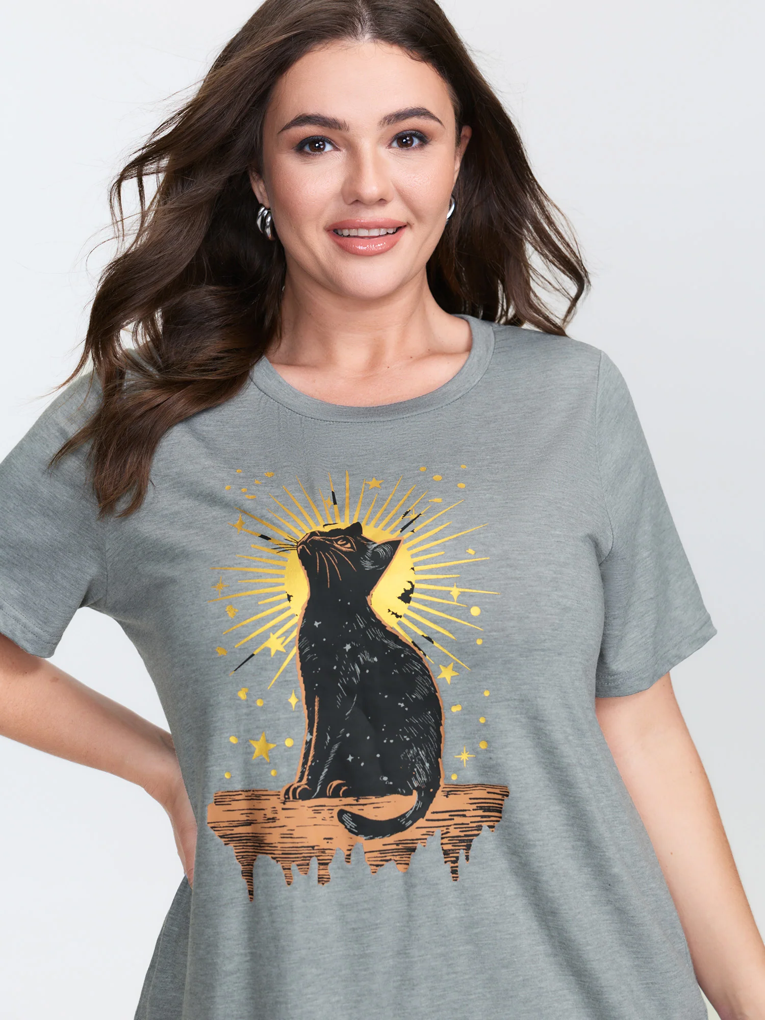 Midnight Cat Print Stretchy T-Shirt - Image 2