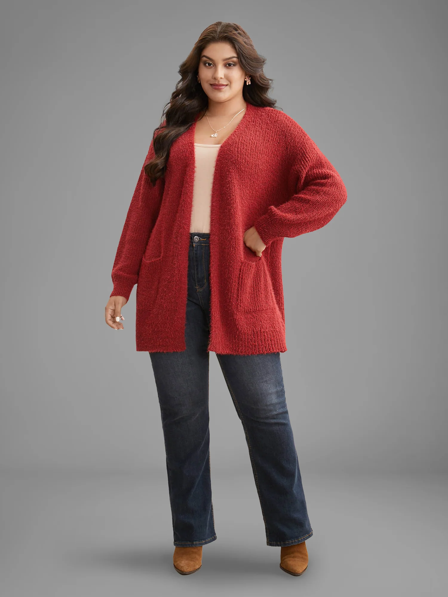 Mink-Hair Feel Pockets Open Front Cardigan - Image 2