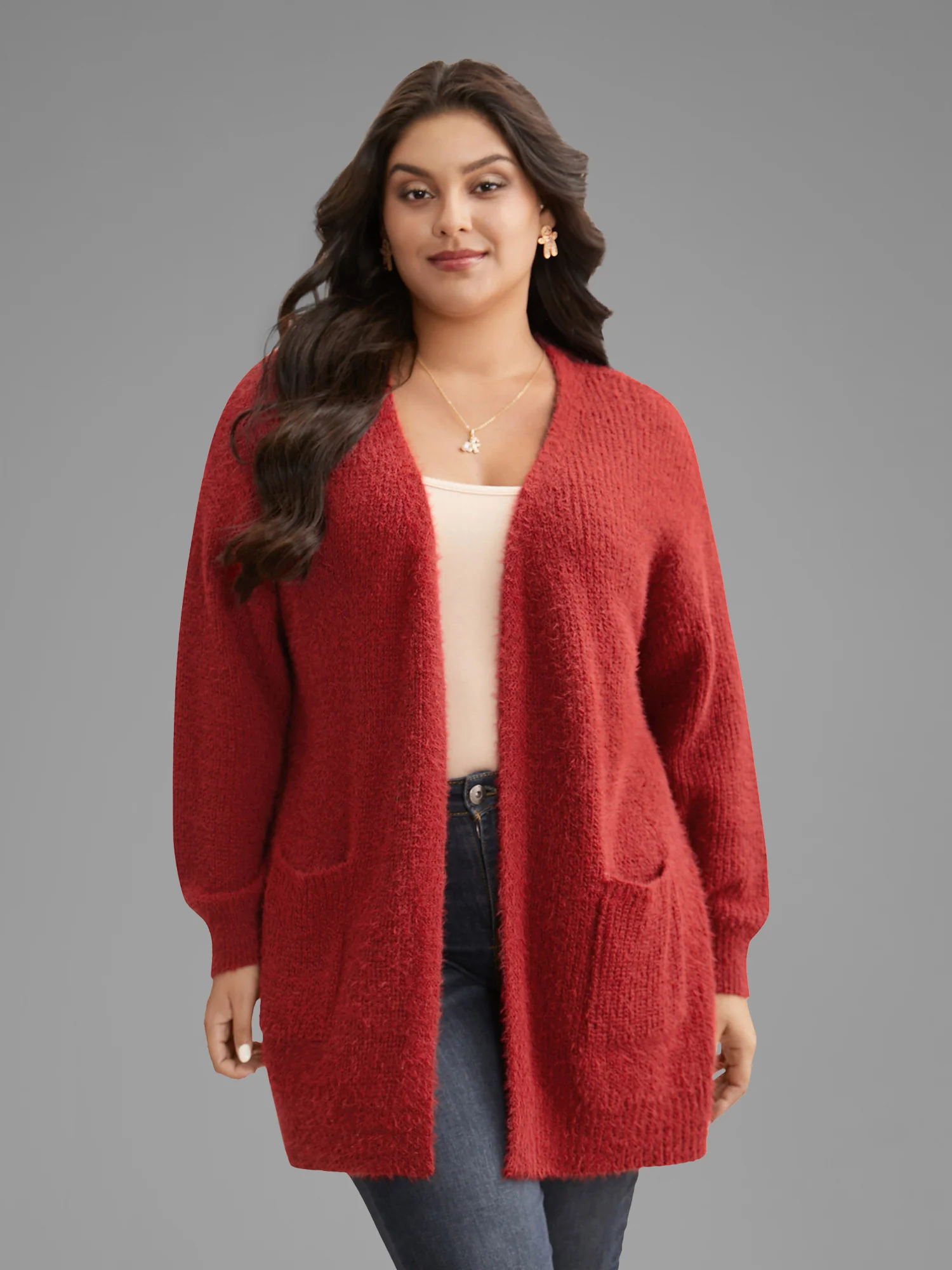 Mink-Hair Feel Pockets Open Front Cardigan - Image 4