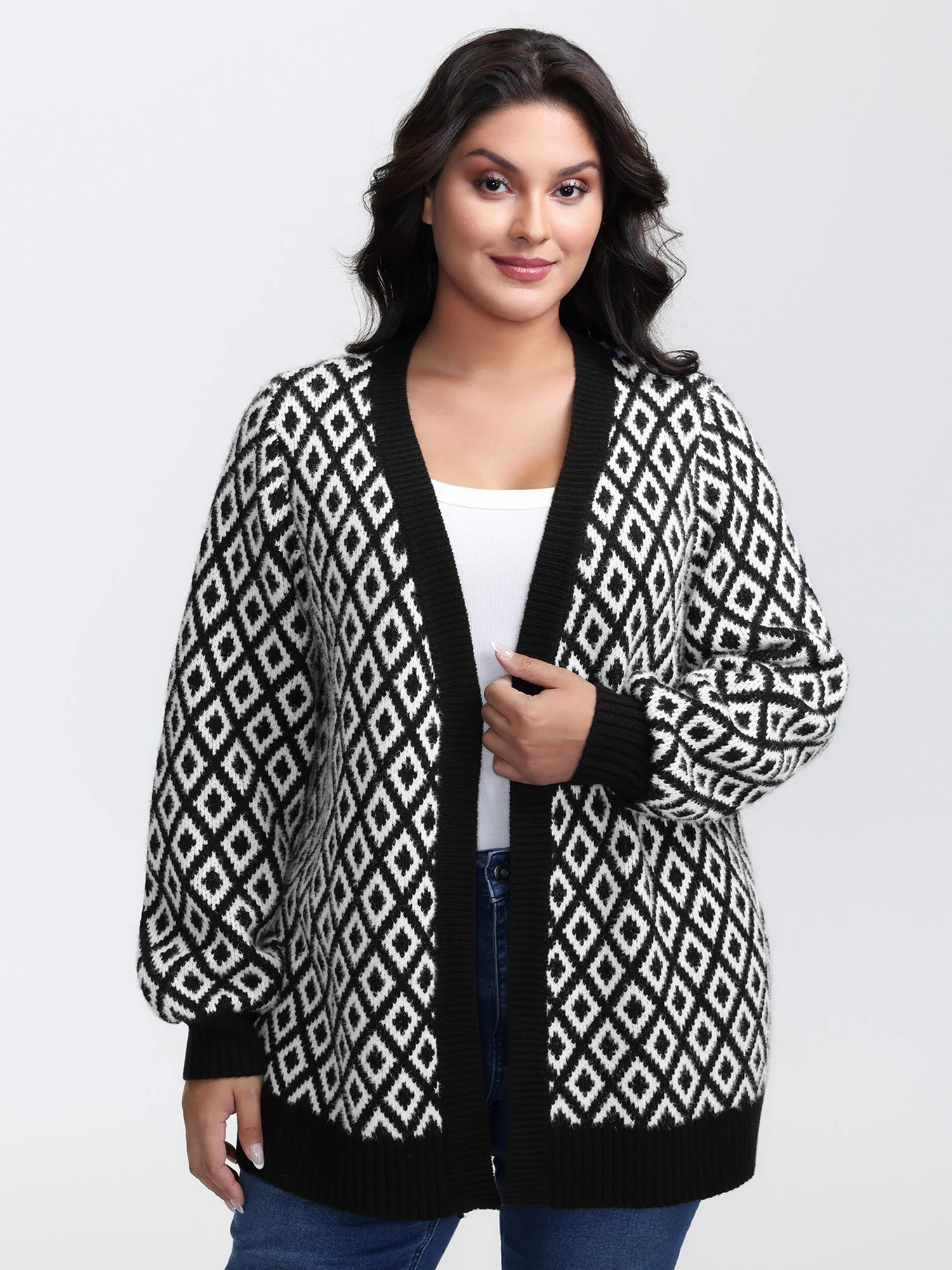 Mink Jacquard Diamond Pattern Knit Cardigan - Image 2