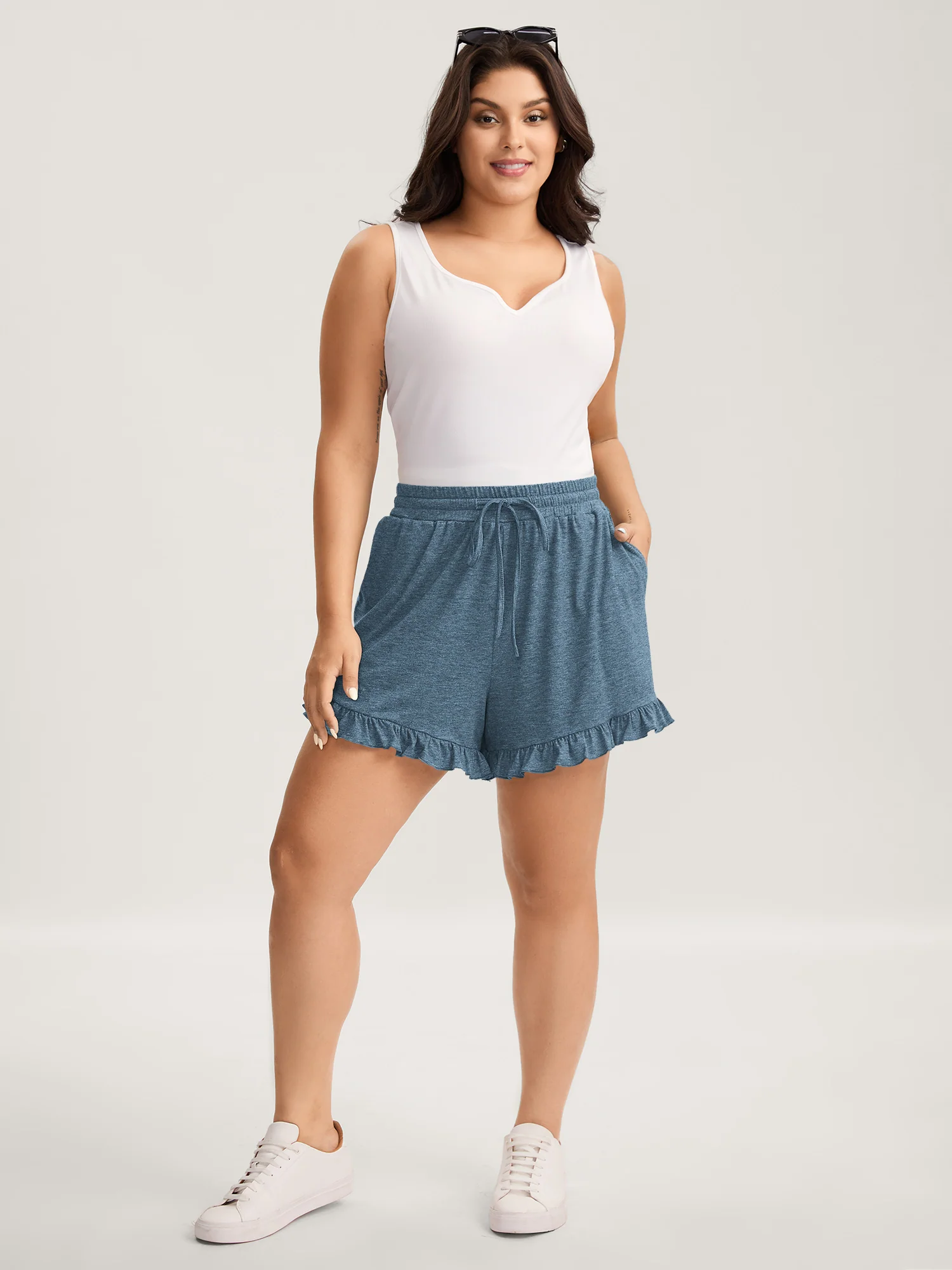 Supersoft Mixed Color Knit Drawstring Ruffled Shorts - Image 26