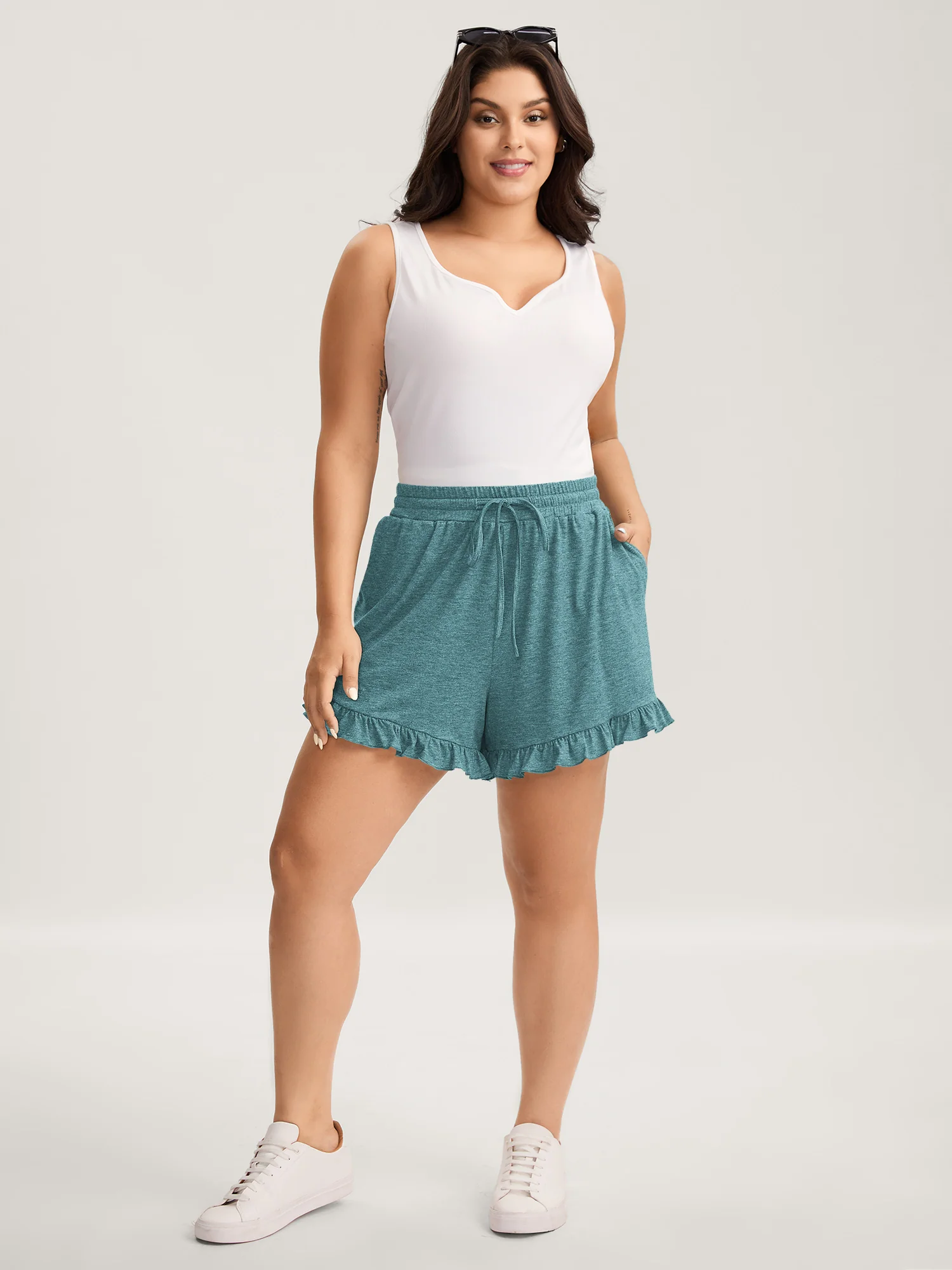 Supersoft Mixed Color Knit Drawstring Ruffled Shorts - Image 42