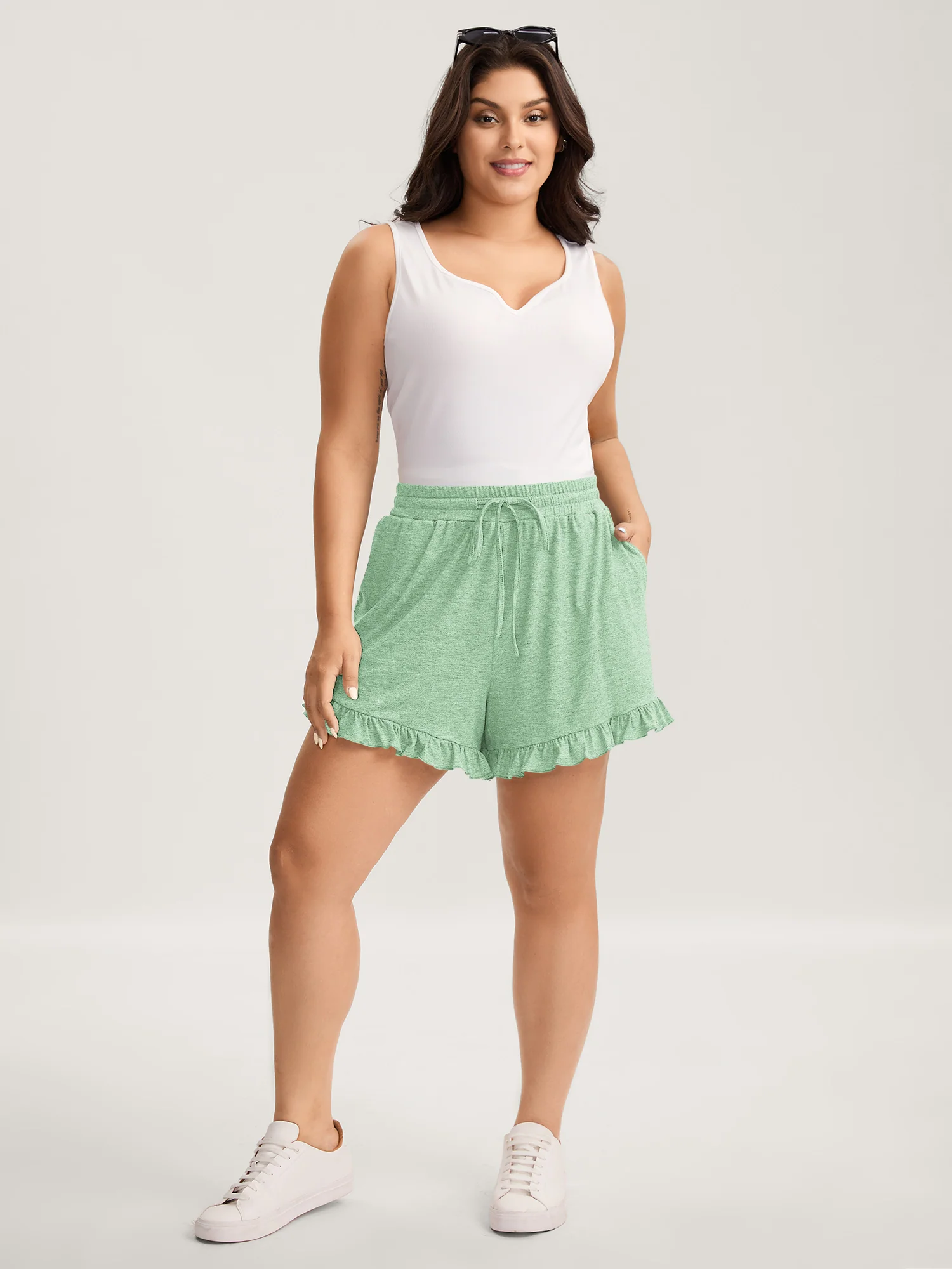 Supersoft Mixed Color Knit Drawstring Ruffled Shorts - Image 46