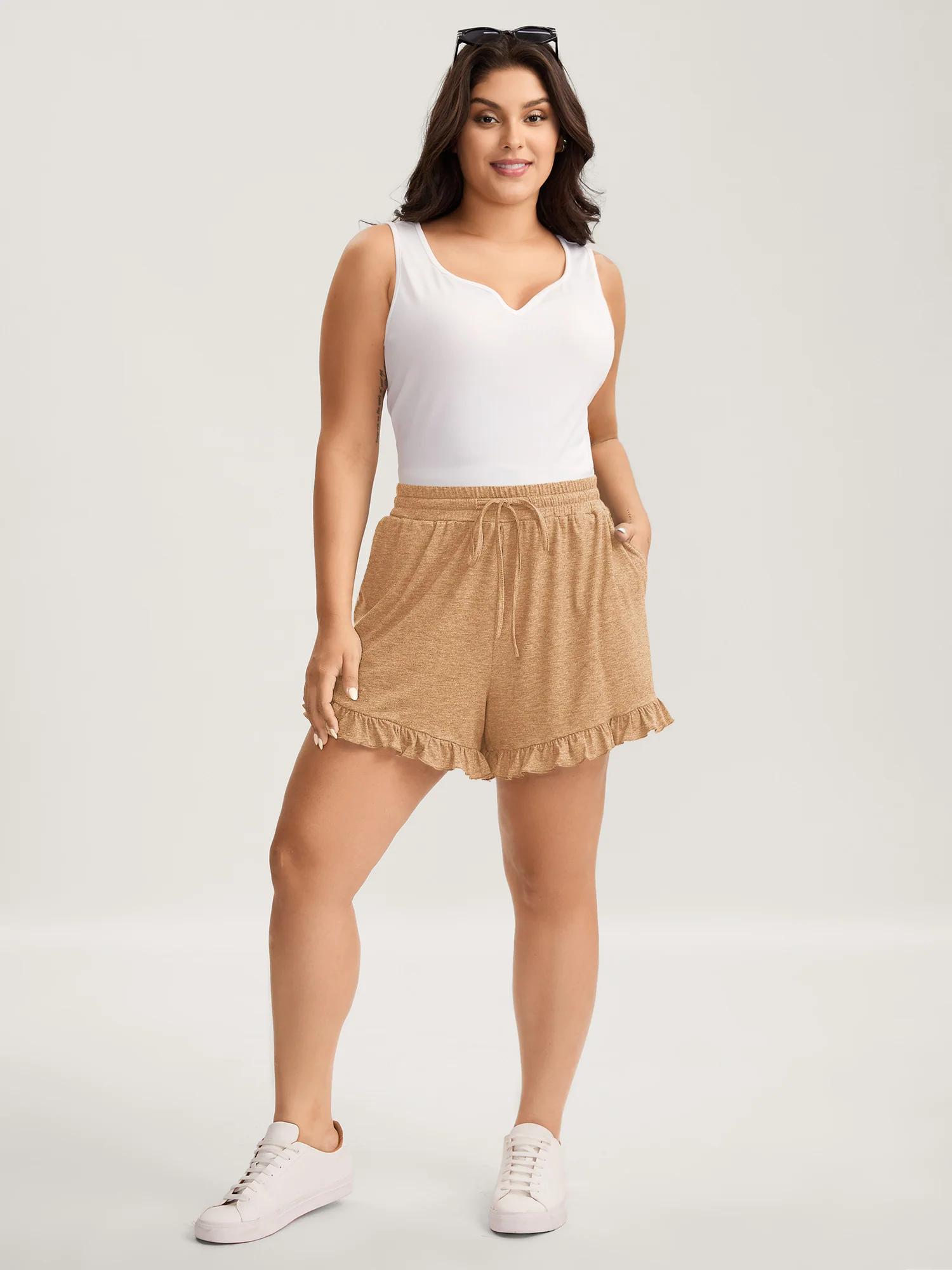 Supersoft Mixed Color Knit Drawstring Ruffled Shorts - Image 50