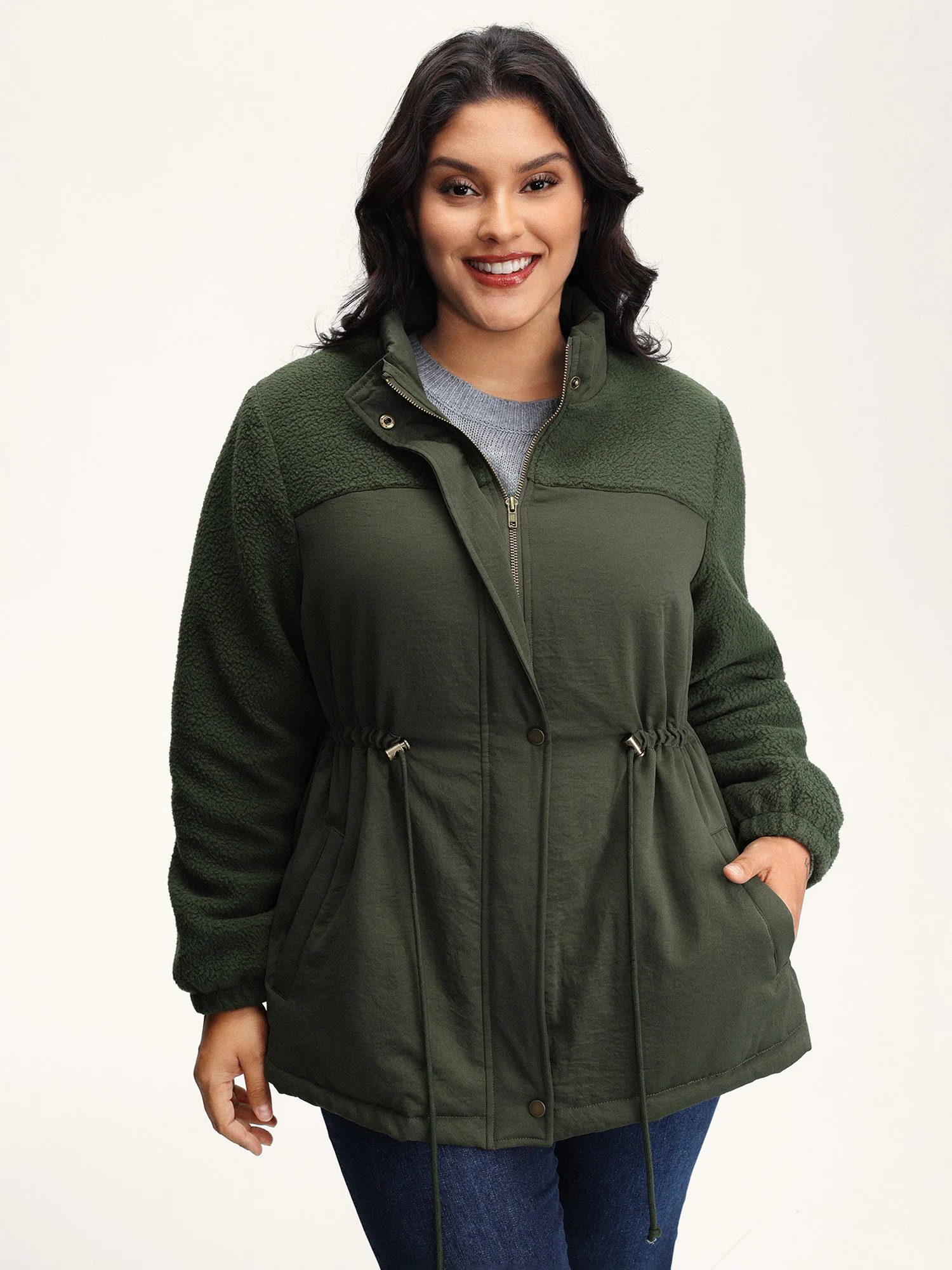 Mixed Fabric Waist Drawstring Quilted Jacket - Image 2