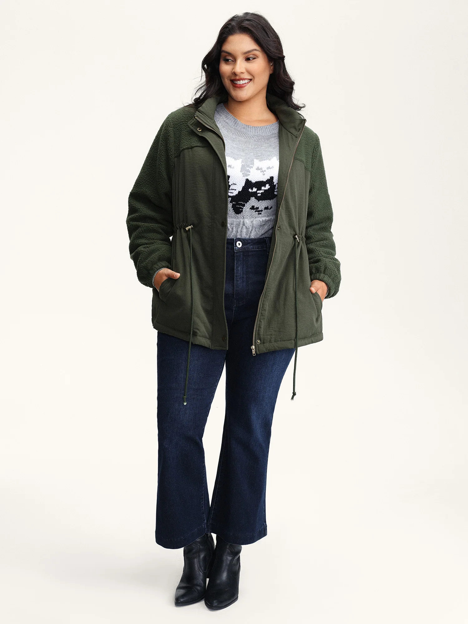 Mixed Fabric Waist Drawstring Quilted Jacket - Image 3