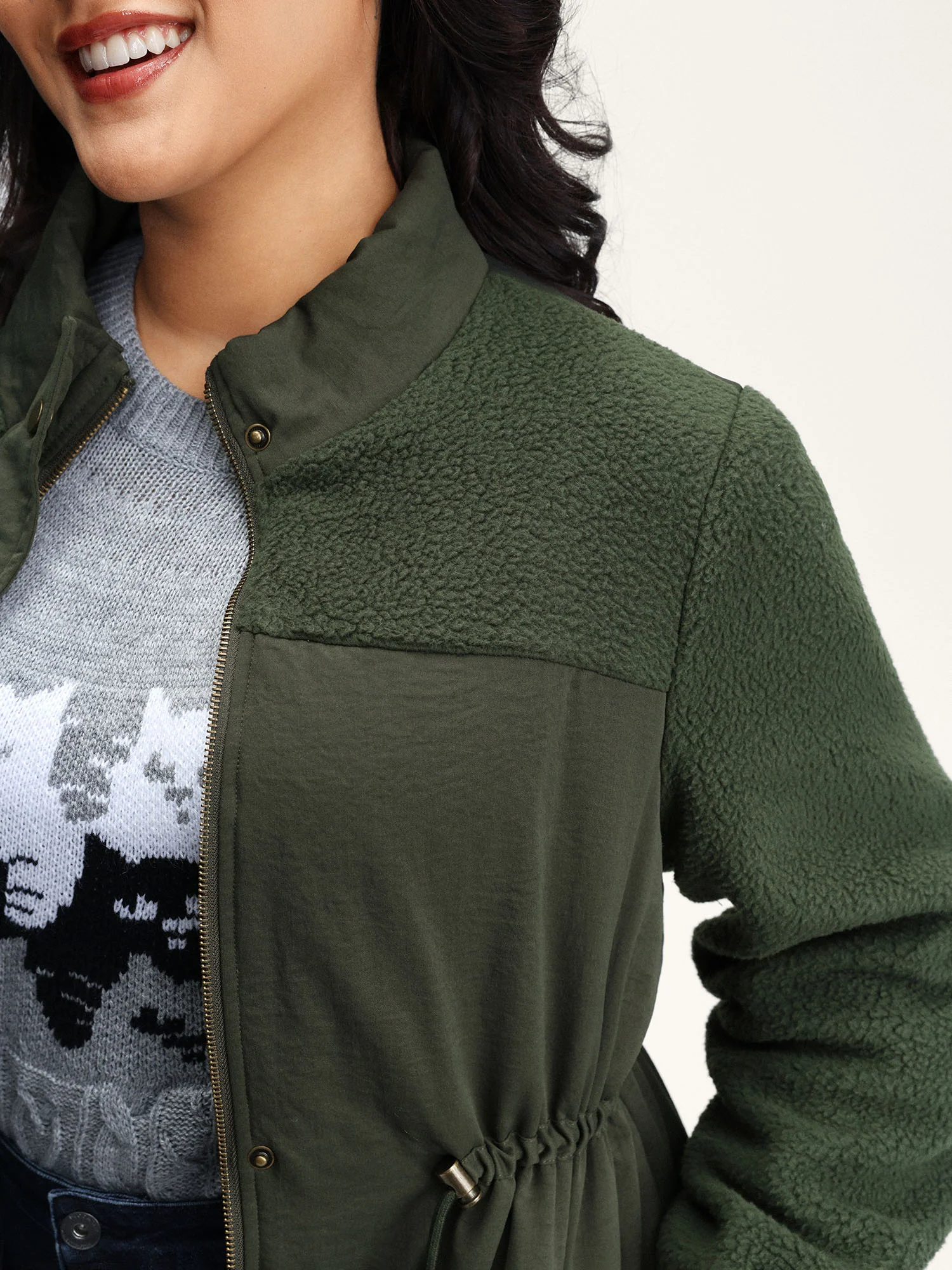 Mixed Fabric Waist Drawstring Quilted Jacket - Image 4