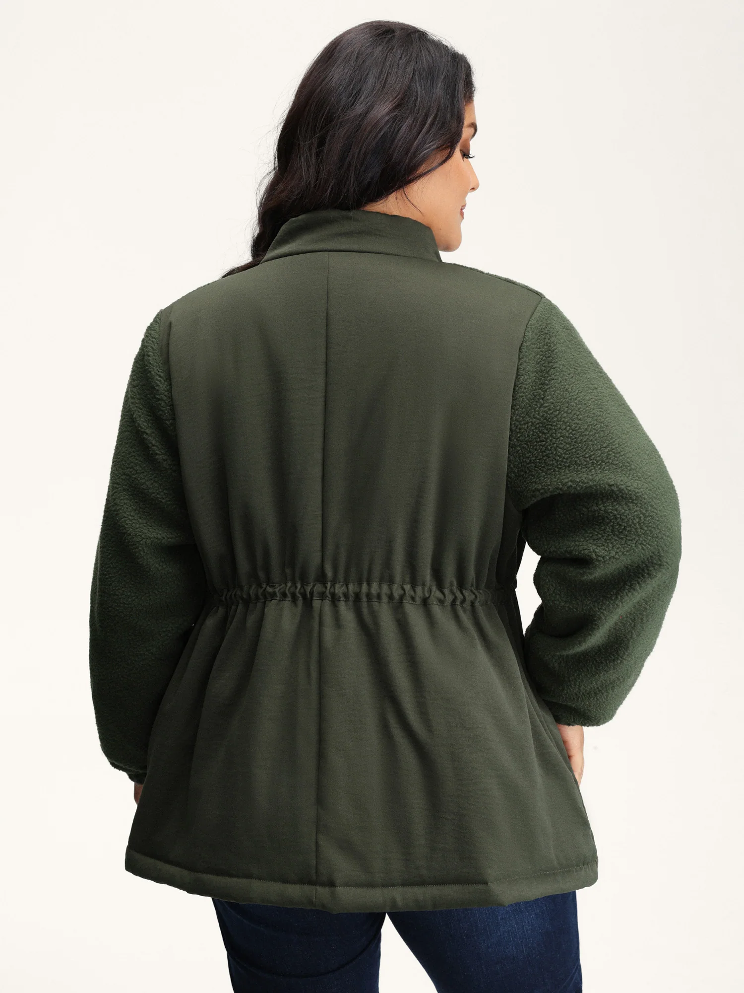 Mixed Fabric Waist Drawstring Quilted Jacket - Image 5