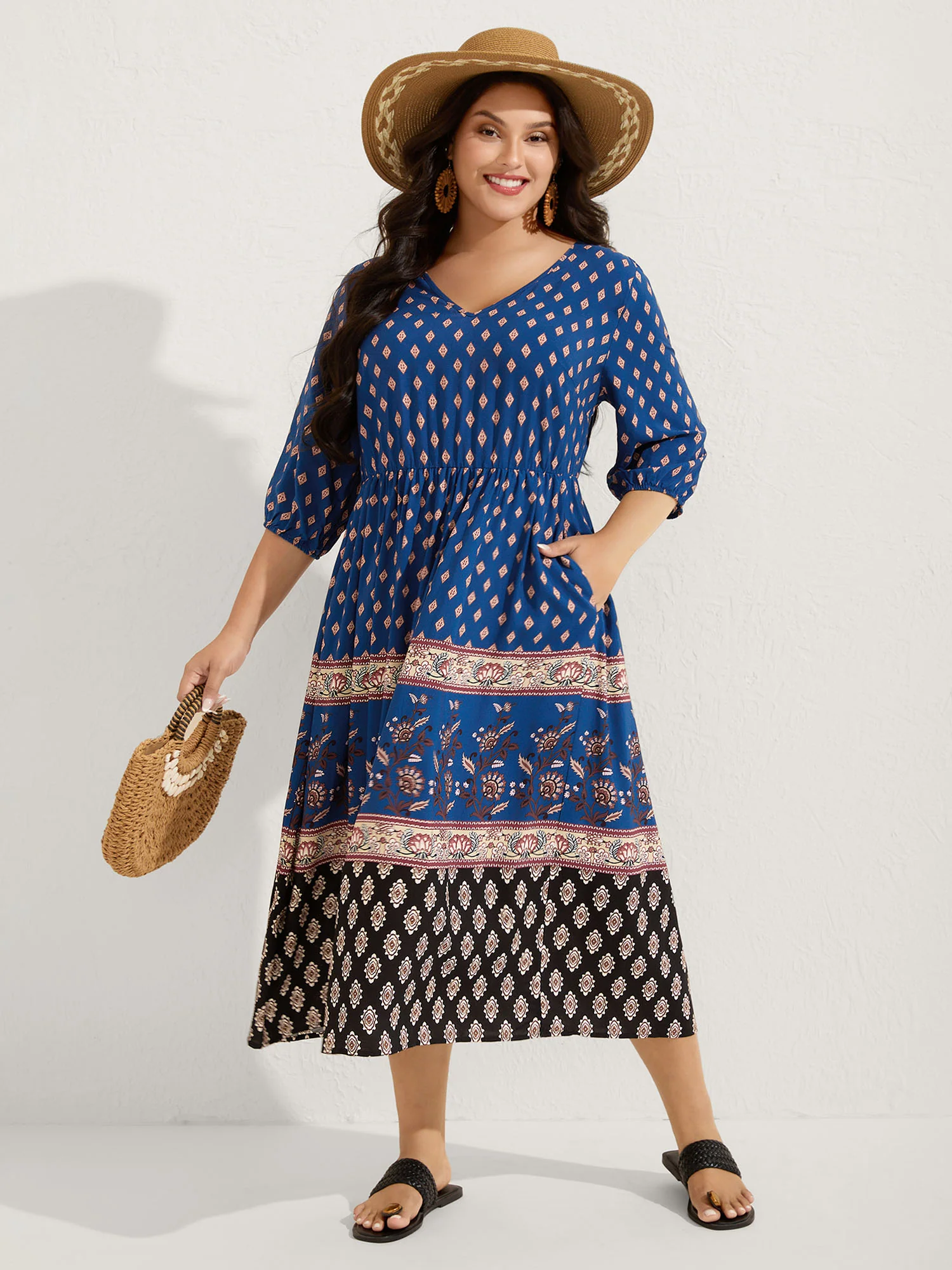 Mixed Floral Print Pockets Midi Dress - Image 3