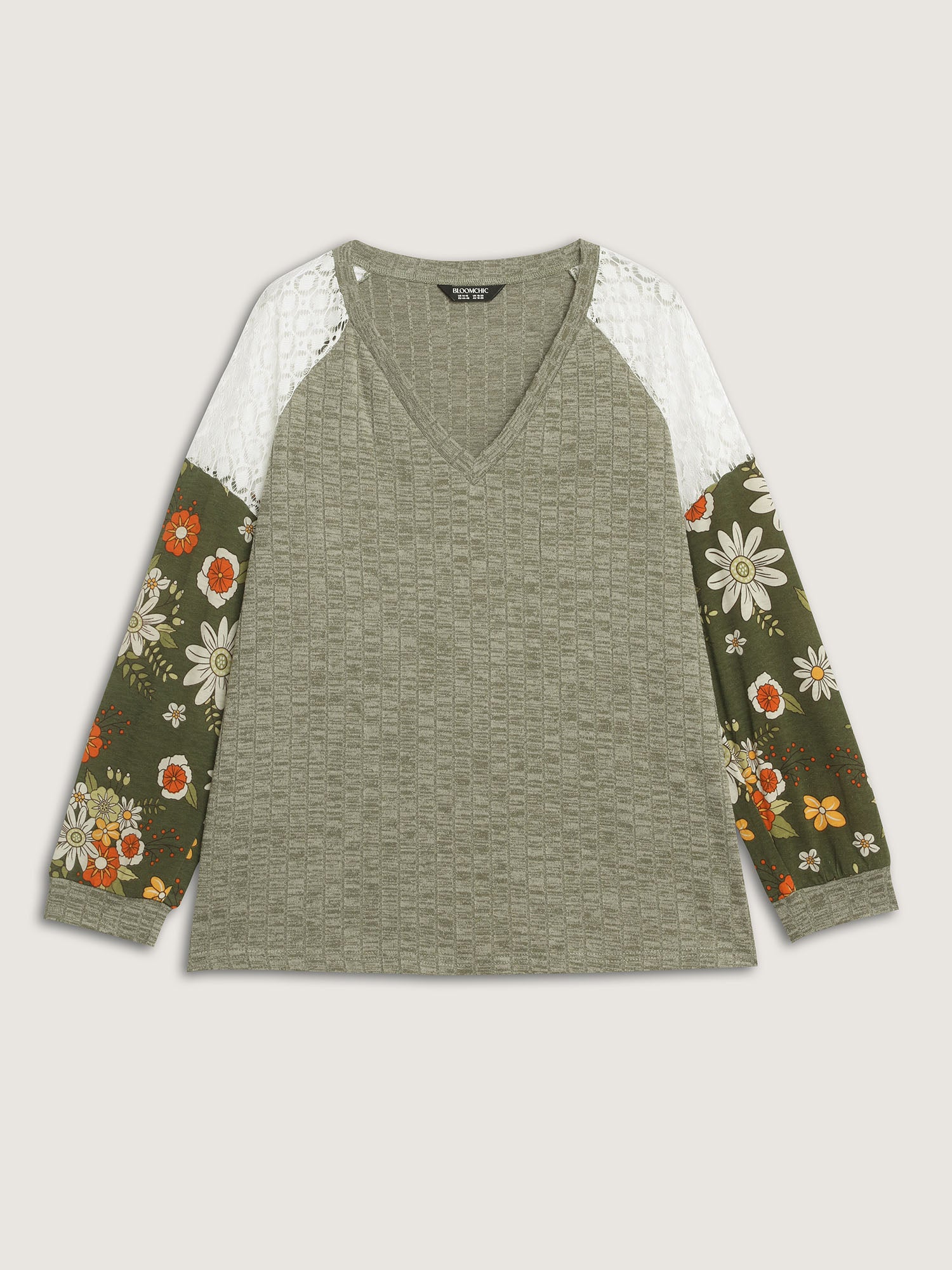 Mixed Floral Print Ribbed V-Neck Sweatshirt - Image 7