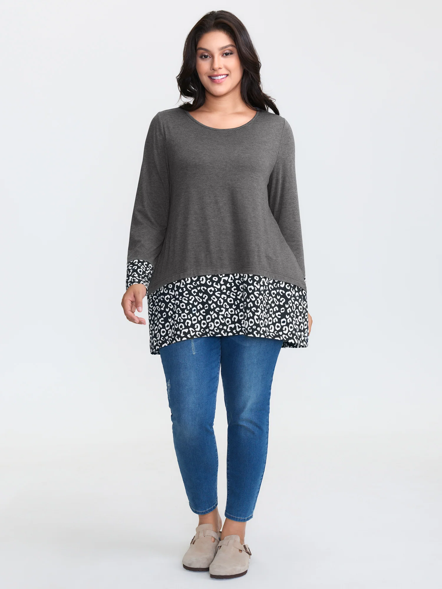 Mixed Material Layered Leopard Print T-Shirt - Image 2