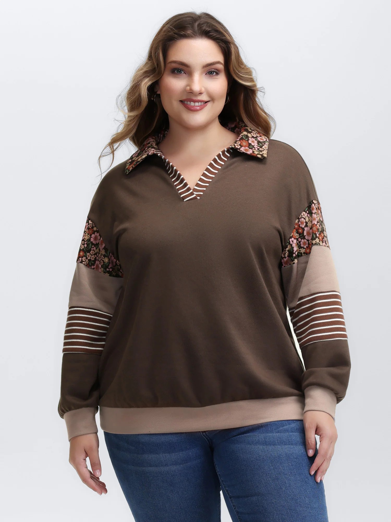 Mixed Material Polo Collar Sweatshirt - Image 2