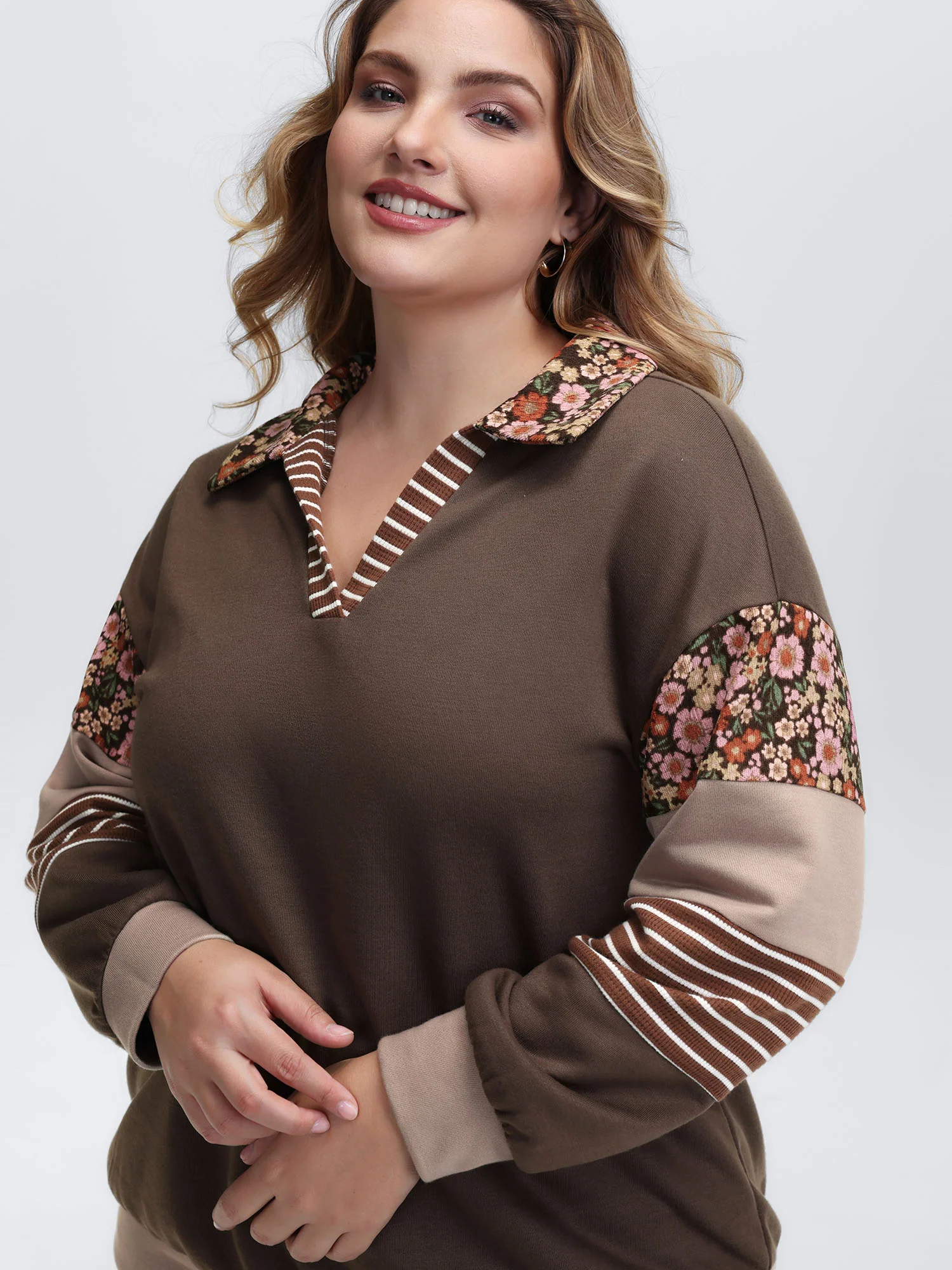 Mixed Material Polo Collar Sweatshirt - Image 3