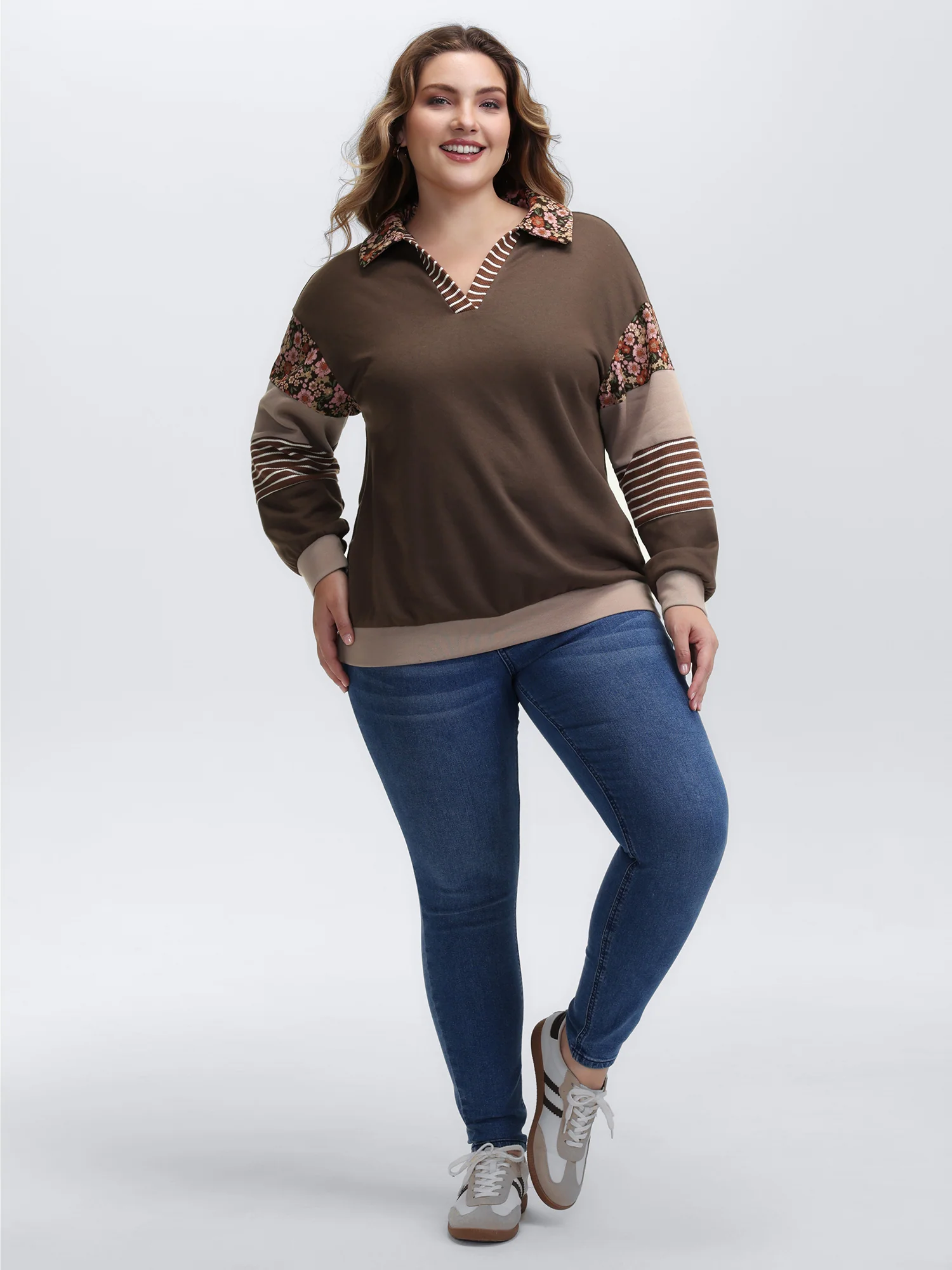 Mixed Material Polo Collar Sweatshirt - Image 4