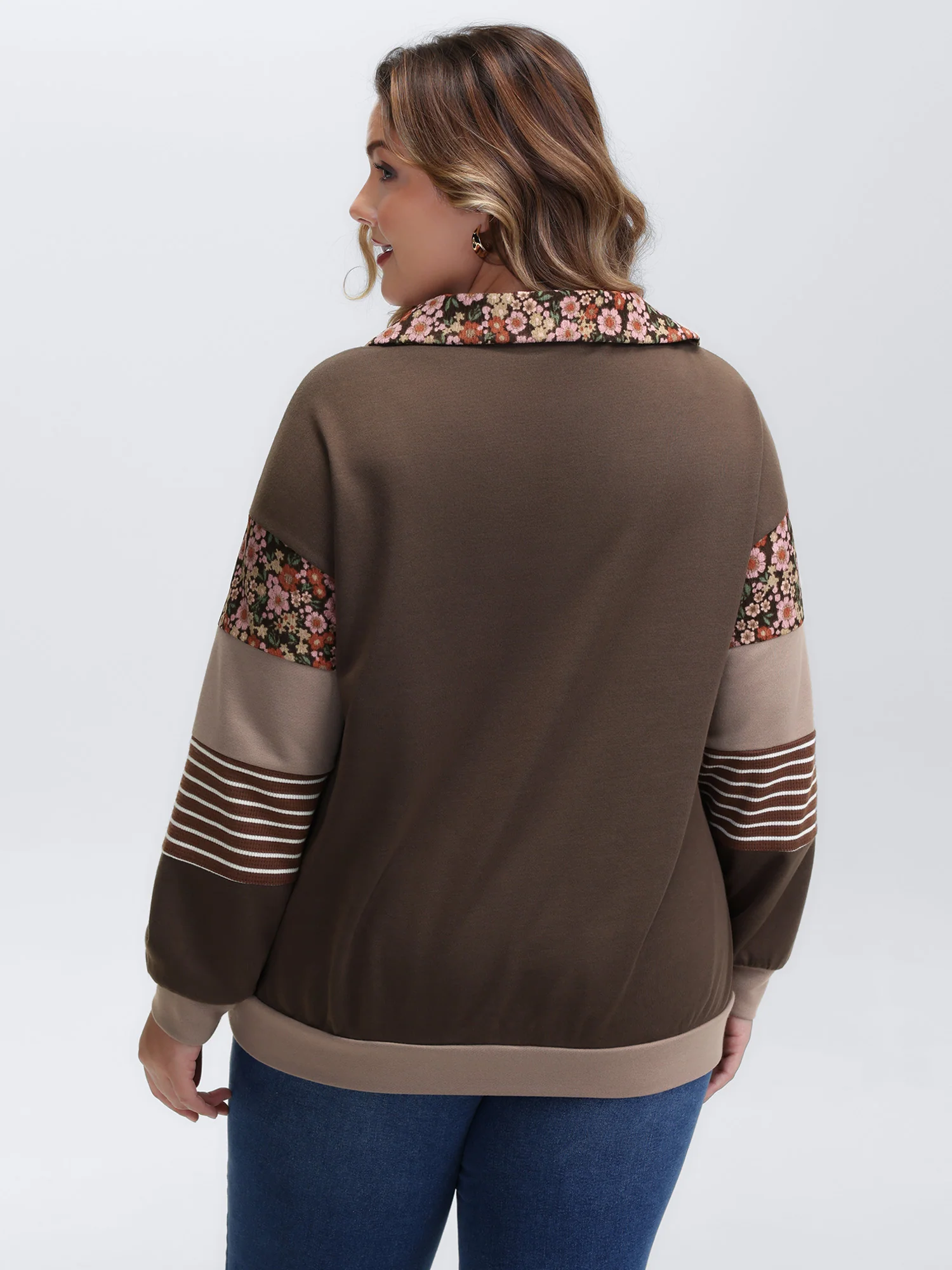 Mixed Material Polo Collar Sweatshirt - Image 5