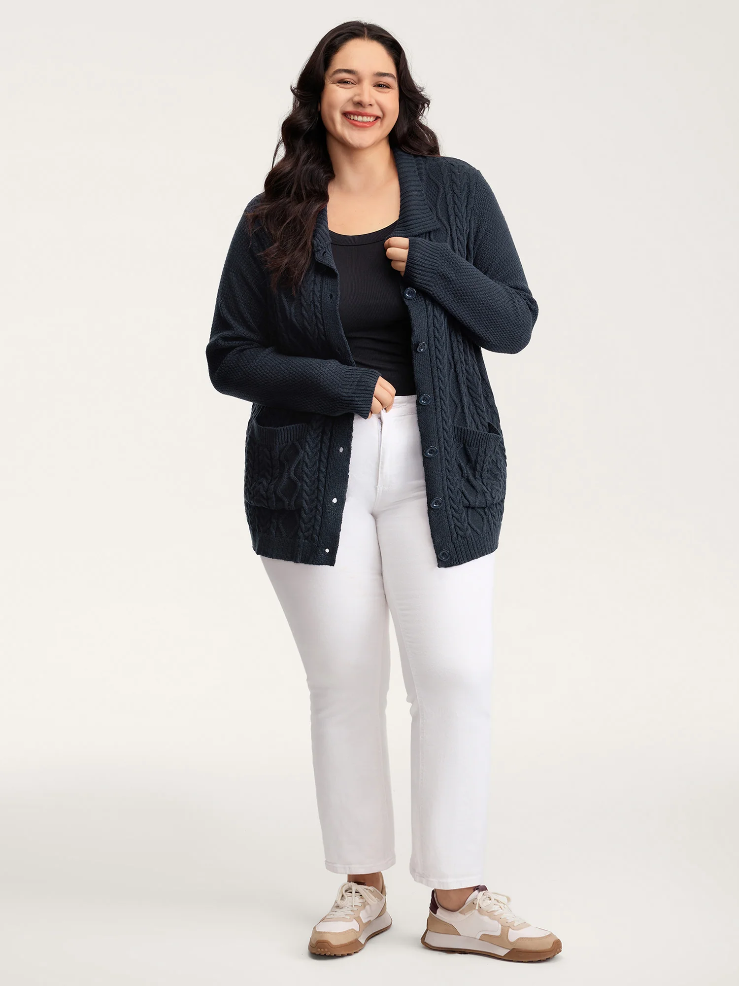 Mixed Texture Cable Stitch Pockets Knit Cardigan - Image 3