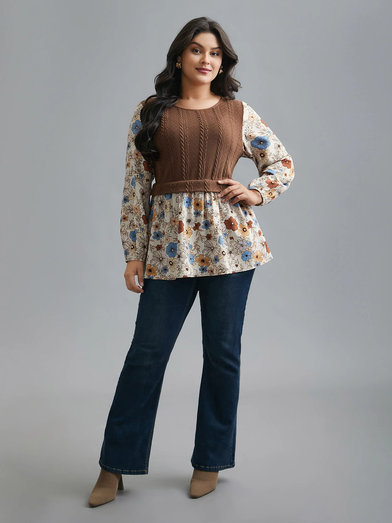 Mixed Texture Floral Combined Blouse - Image 2