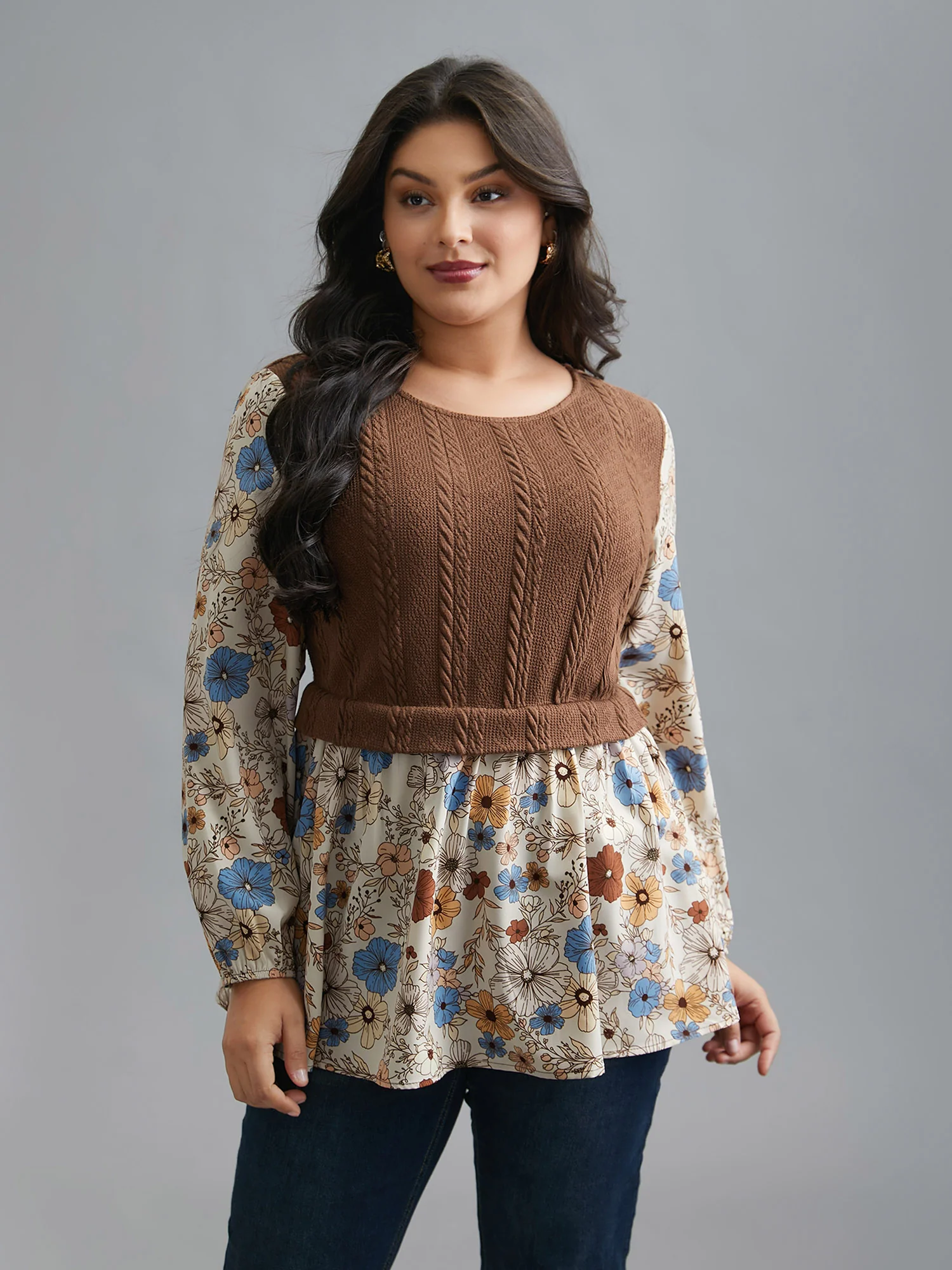 Mixed Texture Floral Combined Blouse - Image 3