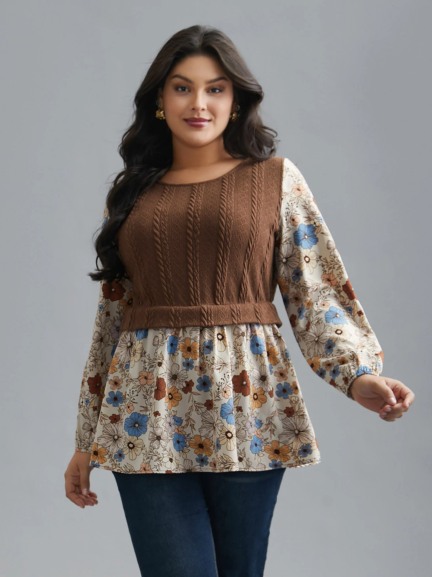 Mixed Texture Floral Combined Blouse - Image 4