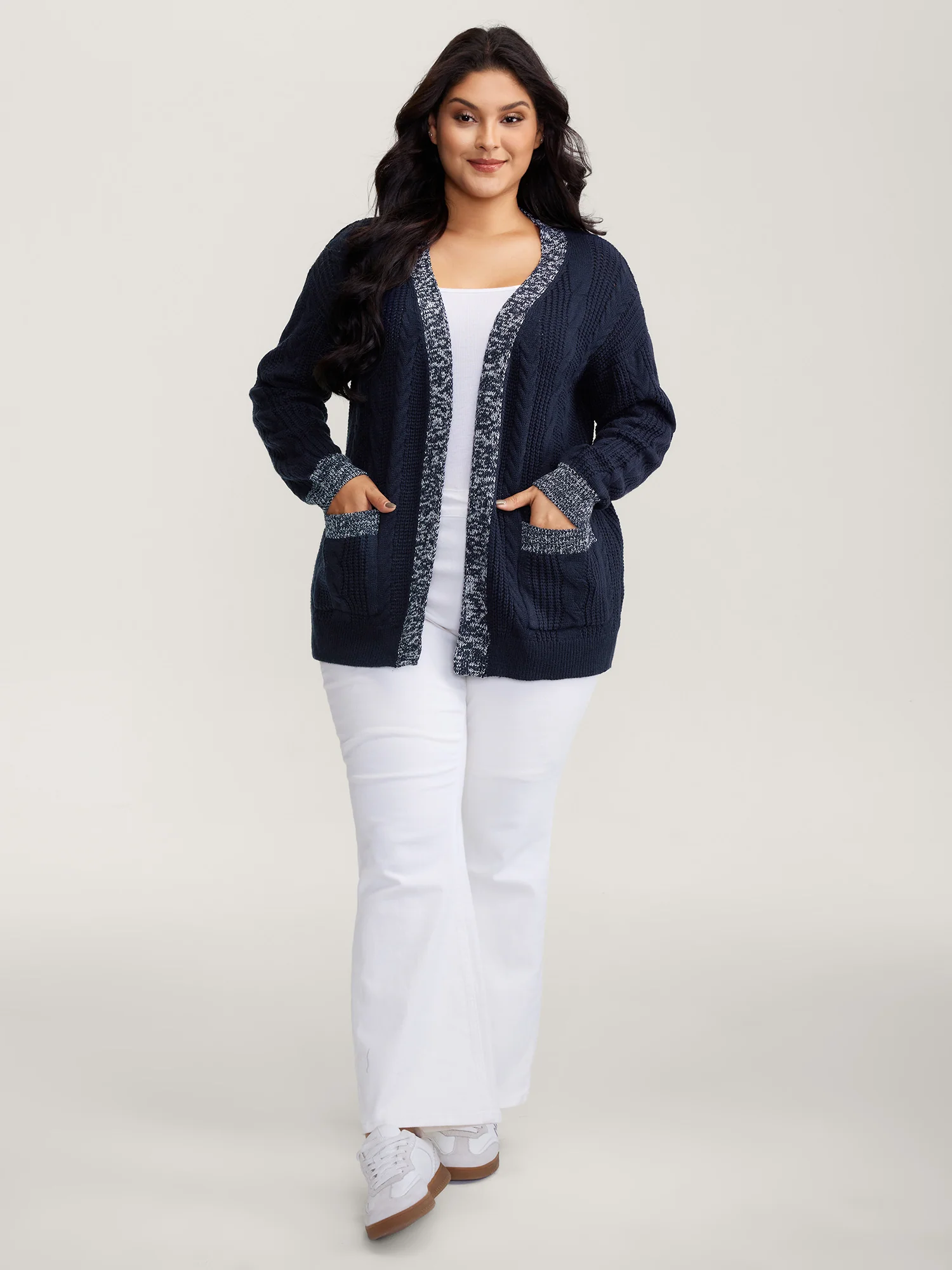 Mixed-Yarn Color Contrast Pockets Knit Cardigan - Image 3