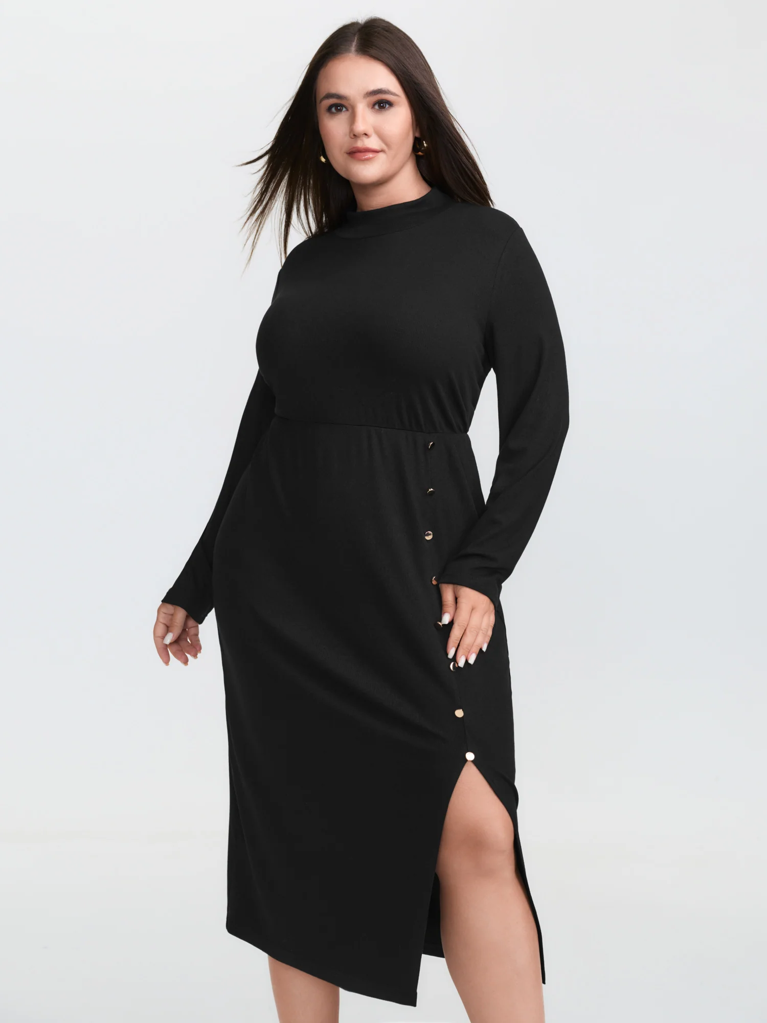 Mock Neck Button Waist-Defining Midi Dress - Image 2