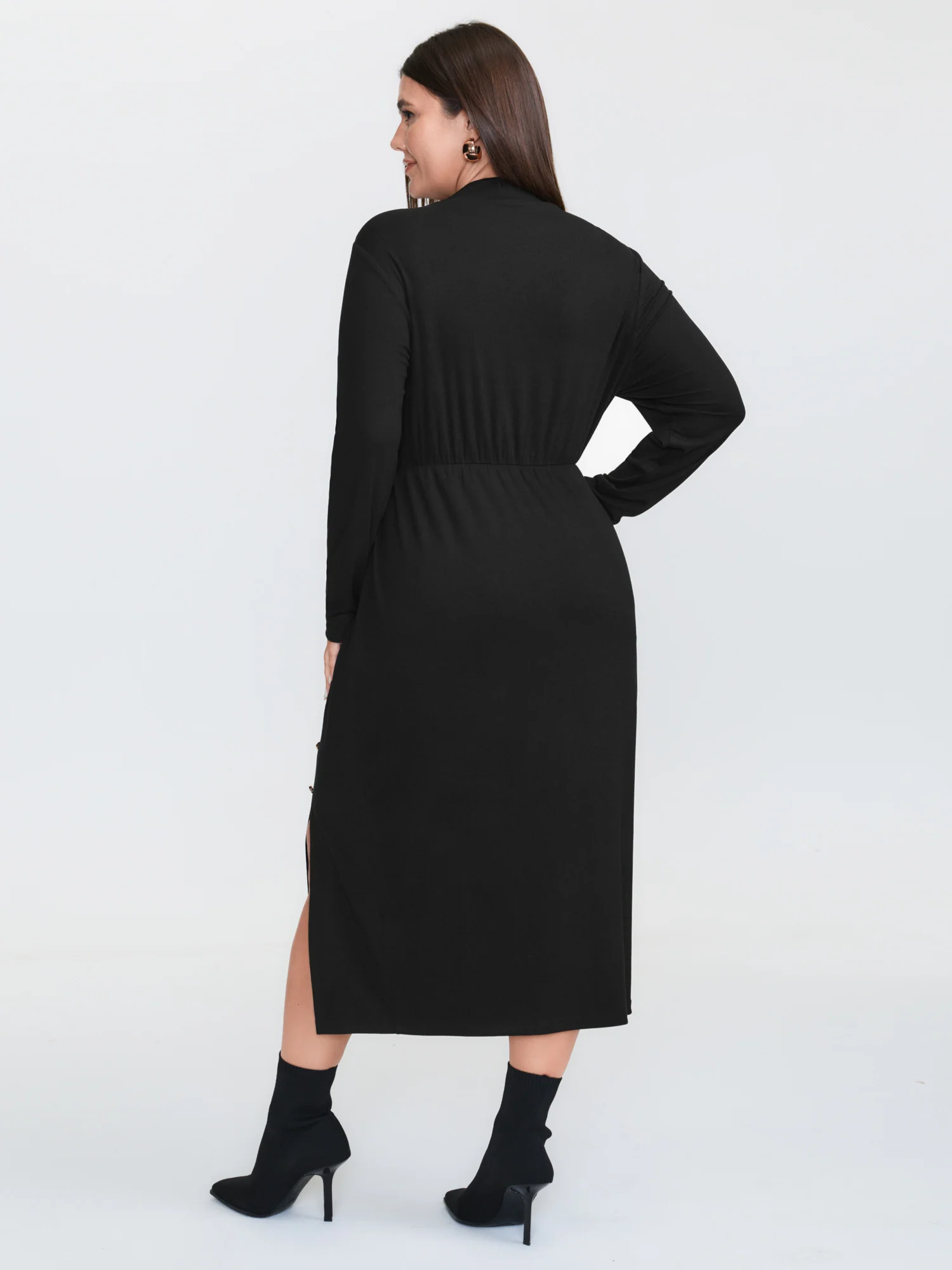 Mock Neck Button Waist-Defining Midi Dress - Image 4