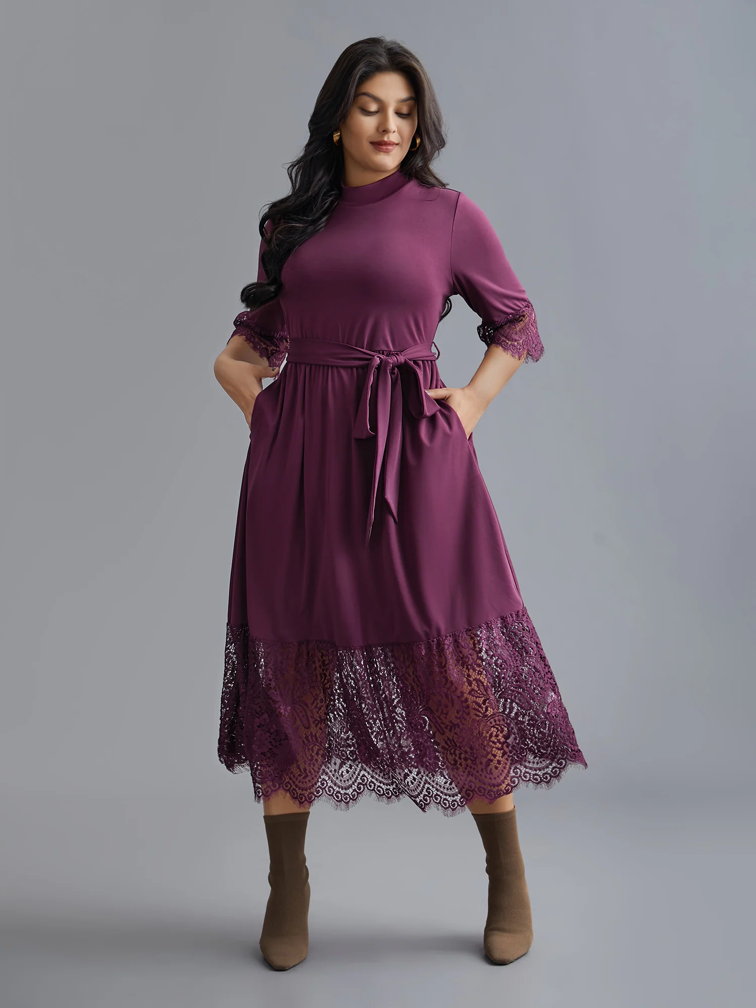 Mock Neck Crochet Lace Belted Dress - Image 3
