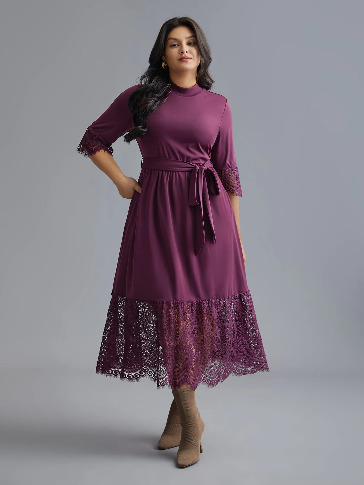 Mock Neck Crochet Lace Belted Dress - Image 4