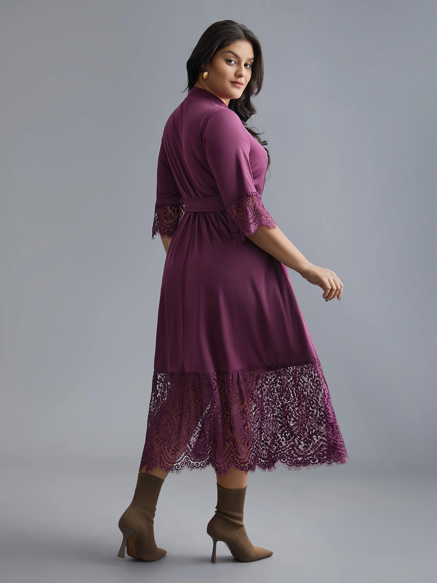 Mock Neck Crochet Lace Belted Dress - Image 5