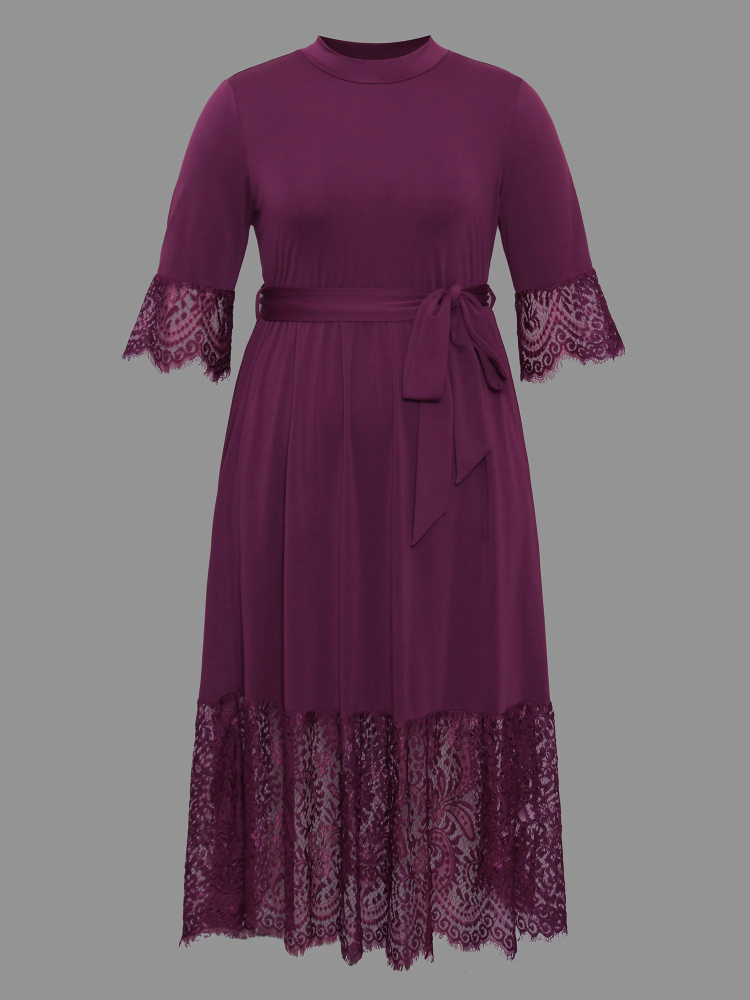 Mock Neck Crochet Lace Belted Dress - Image 8