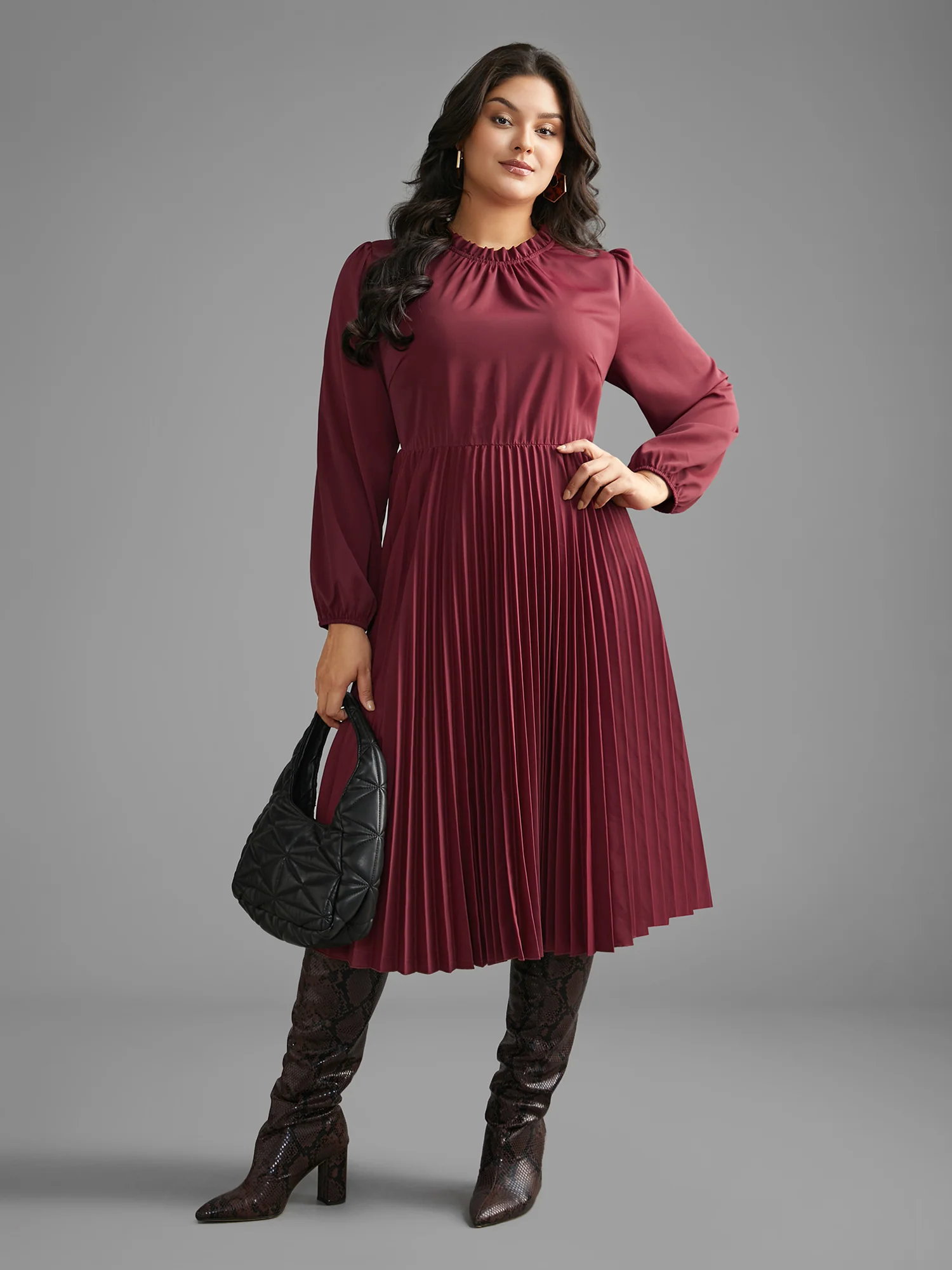 Mock Neck Frill Trim Pleated Dress - Image 2