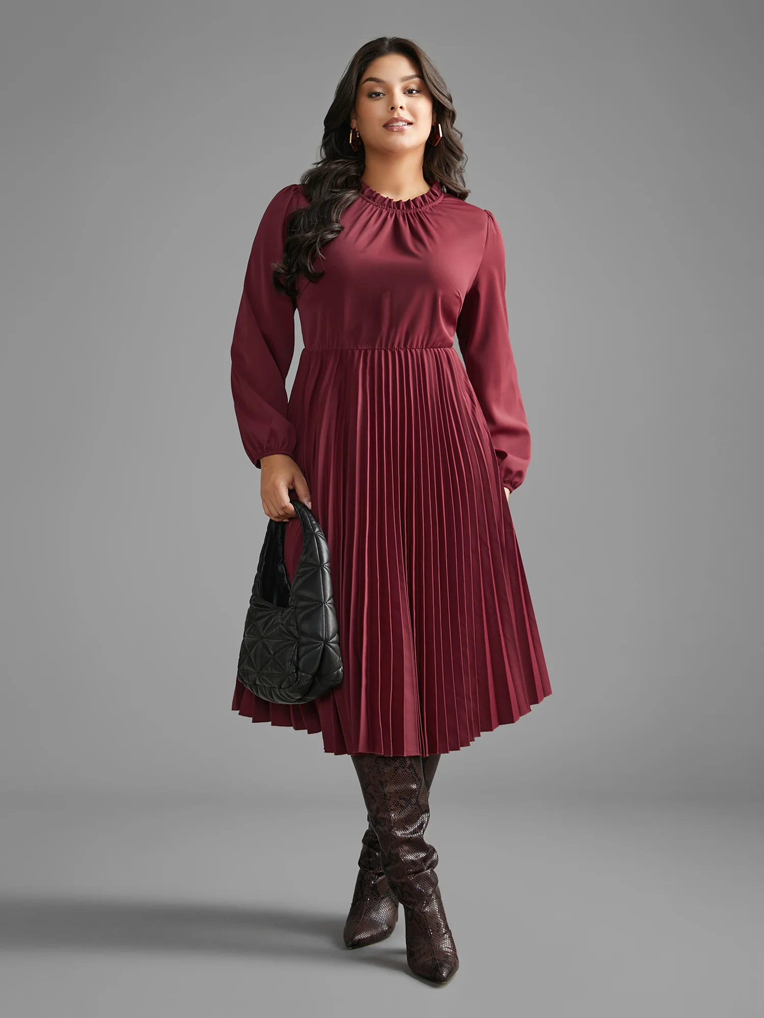 Mock Neck Frill Trim Pleated Dress - Image 3